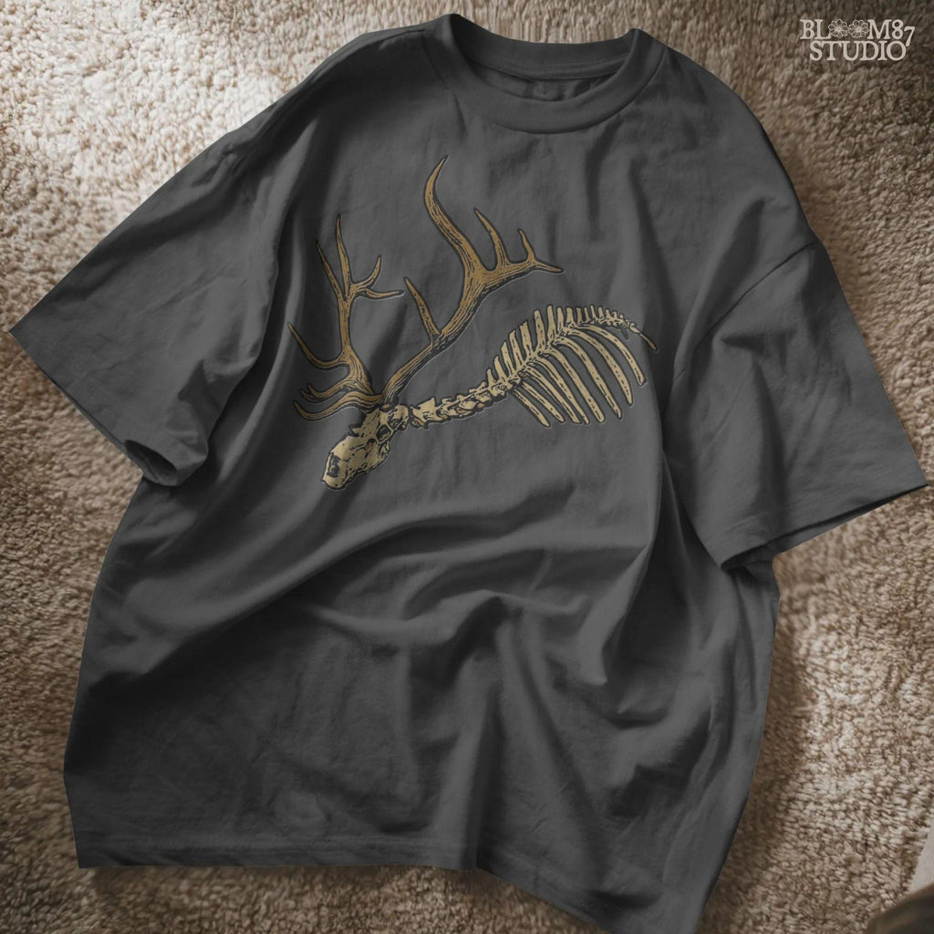 Solid version: Deer skull PNG with antlers and rib bones, spooky hunting skeleton design for Halloween.

Distressed version: Vintage deer skeleton PNG with antlers, rustic hunting and Halloween sublimation design.