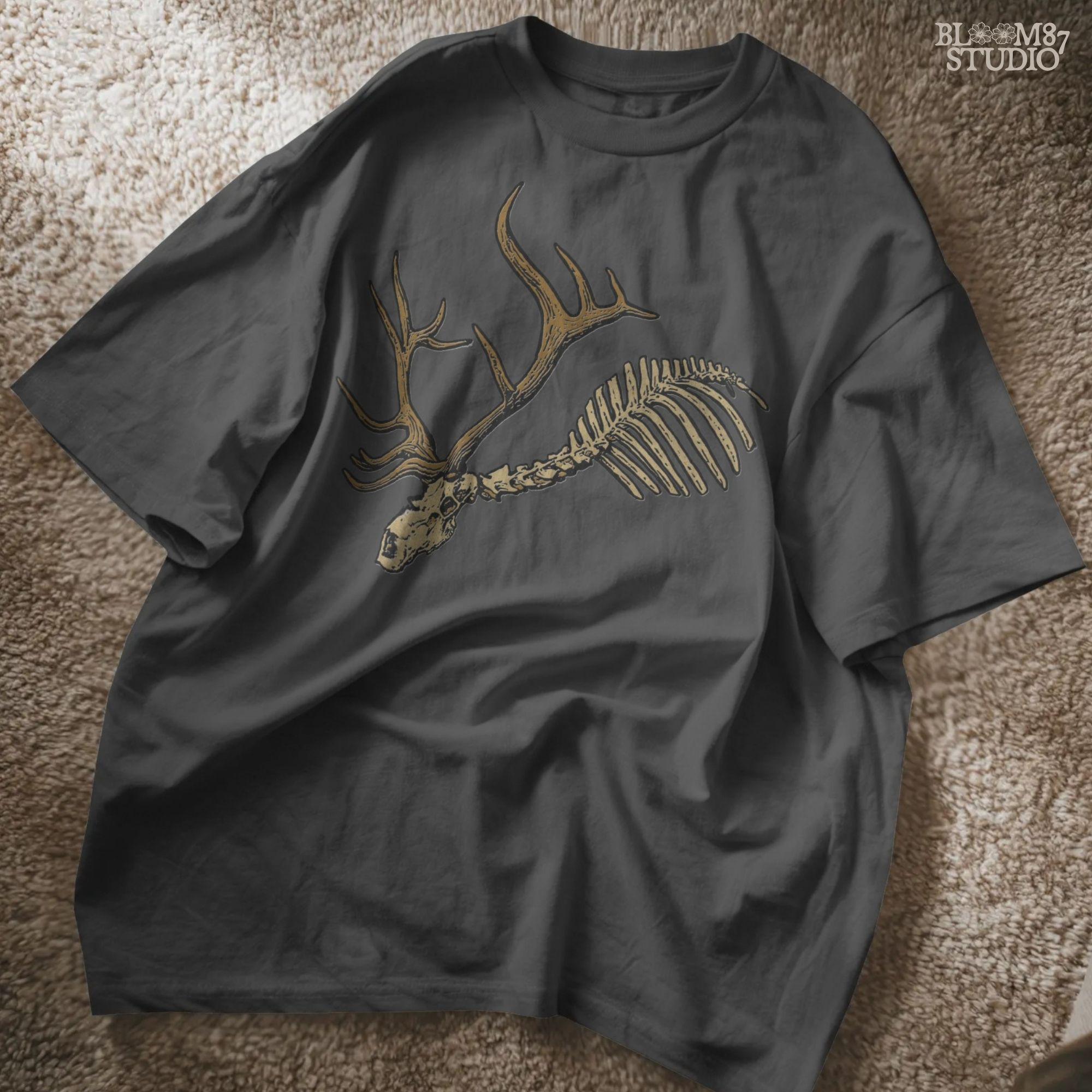 Solid version: Deer skull PNG with antlers and rib bones, spooky hunting skeleton design for Halloween.

Distressed version: Vintage deer skeleton PNG with antlers, rustic hunting and Halloween sublimation design.