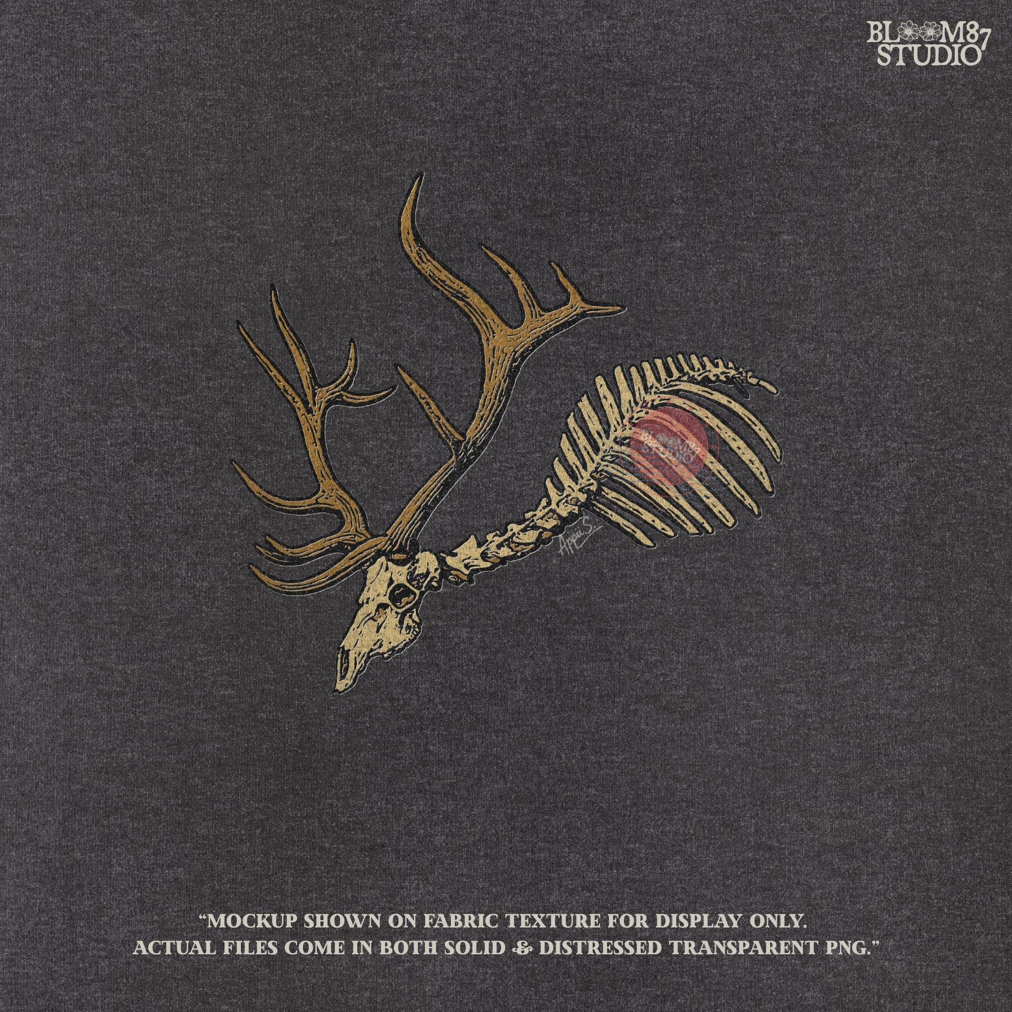 Solid version: Deer skull PNG with antlers and rib bones, spooky hunting skeleton design for Halloween.

Distressed version: Vintage deer skeleton PNG with antlers, rustic hunting and Halloween sublimation design.