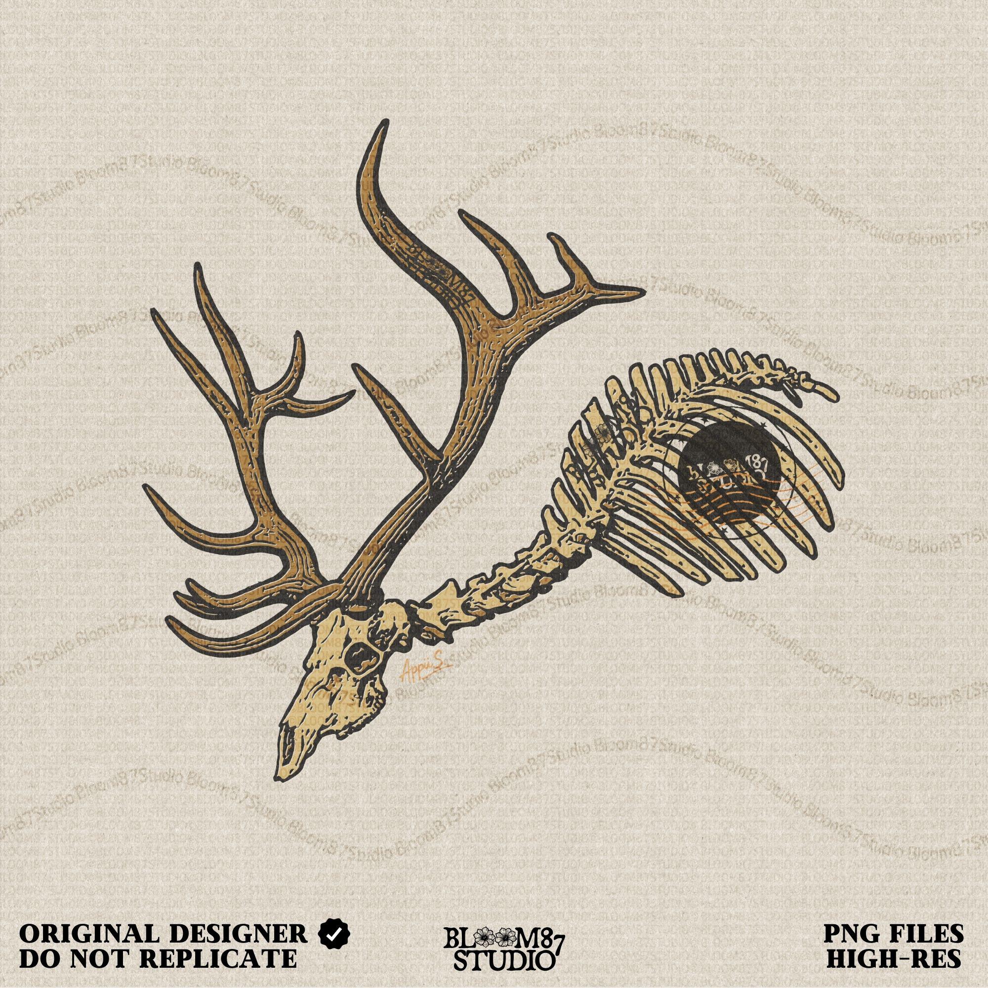 Solid version: Deer skull PNG with antlers and rib bones, spooky hunting skeleton design for Halloween.

Distressed version: Vintage deer skeleton PNG with antlers, rustic hunting and Halloween sublimation design.