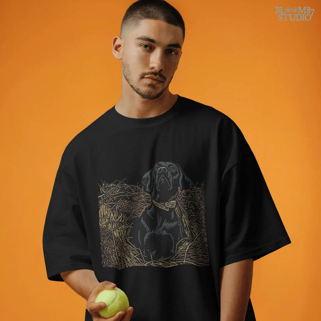 Illustration of a black Labrador retriever hunting dog sitting in tall grass, duck hunting sublimation PNG design.