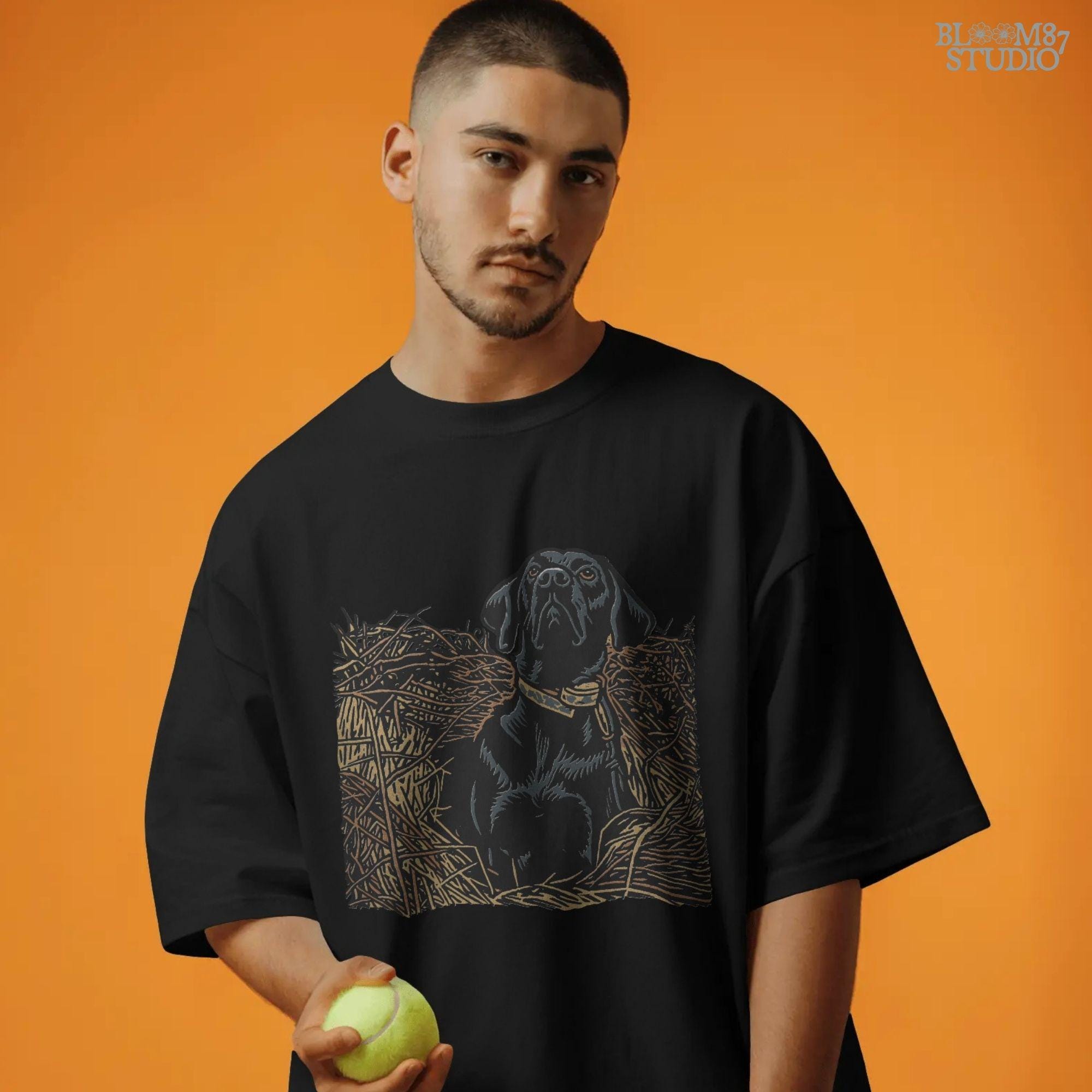 Illustration of a black Labrador retriever hunting dog sitting in tall grass, duck hunting sublimation PNG design.