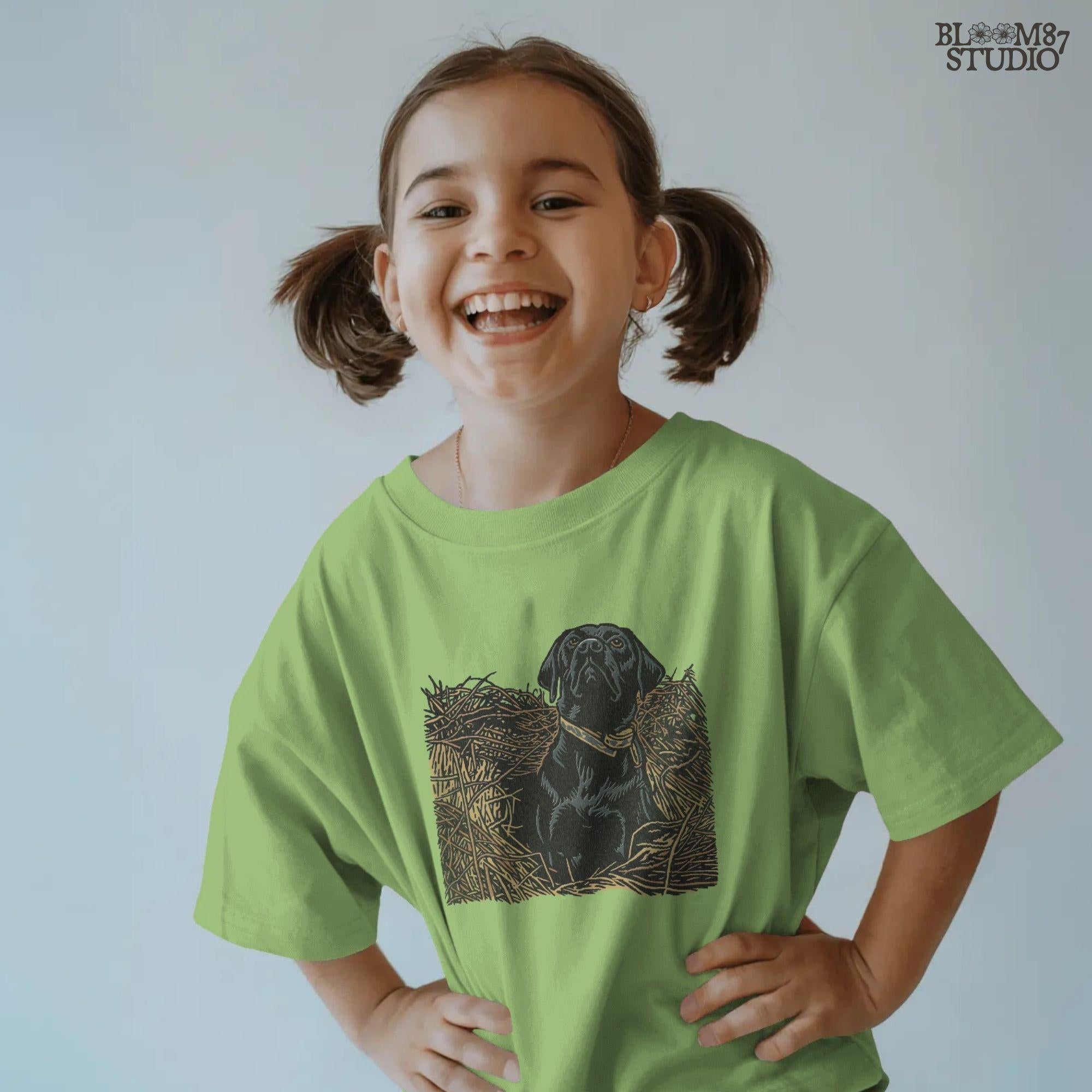 Illustration of a black Labrador retriever hunting dog sitting in tall grass, duck hunting sublimation PNG design.