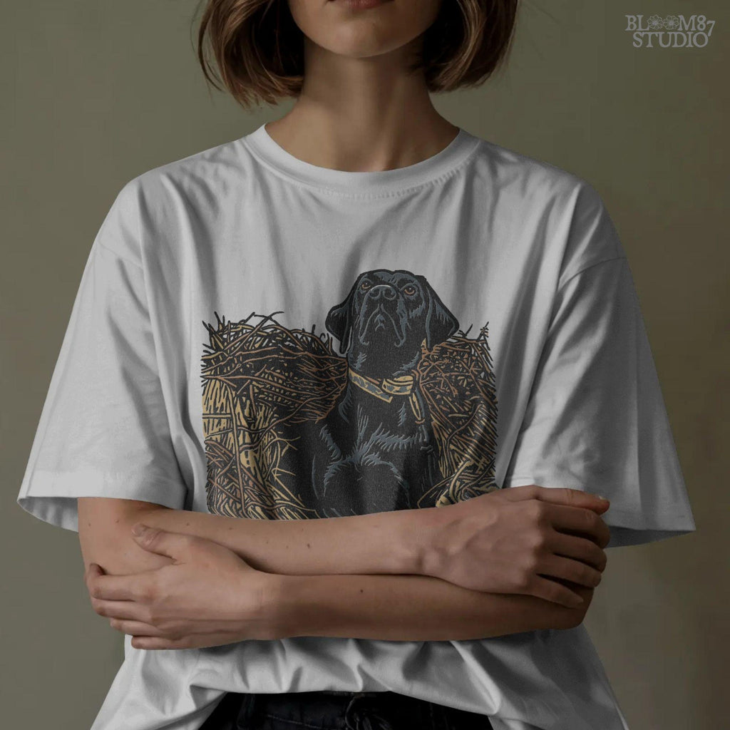 Illustration of a black Labrador retriever hunting dog sitting in tall grass, duck hunting sublimation PNG design.