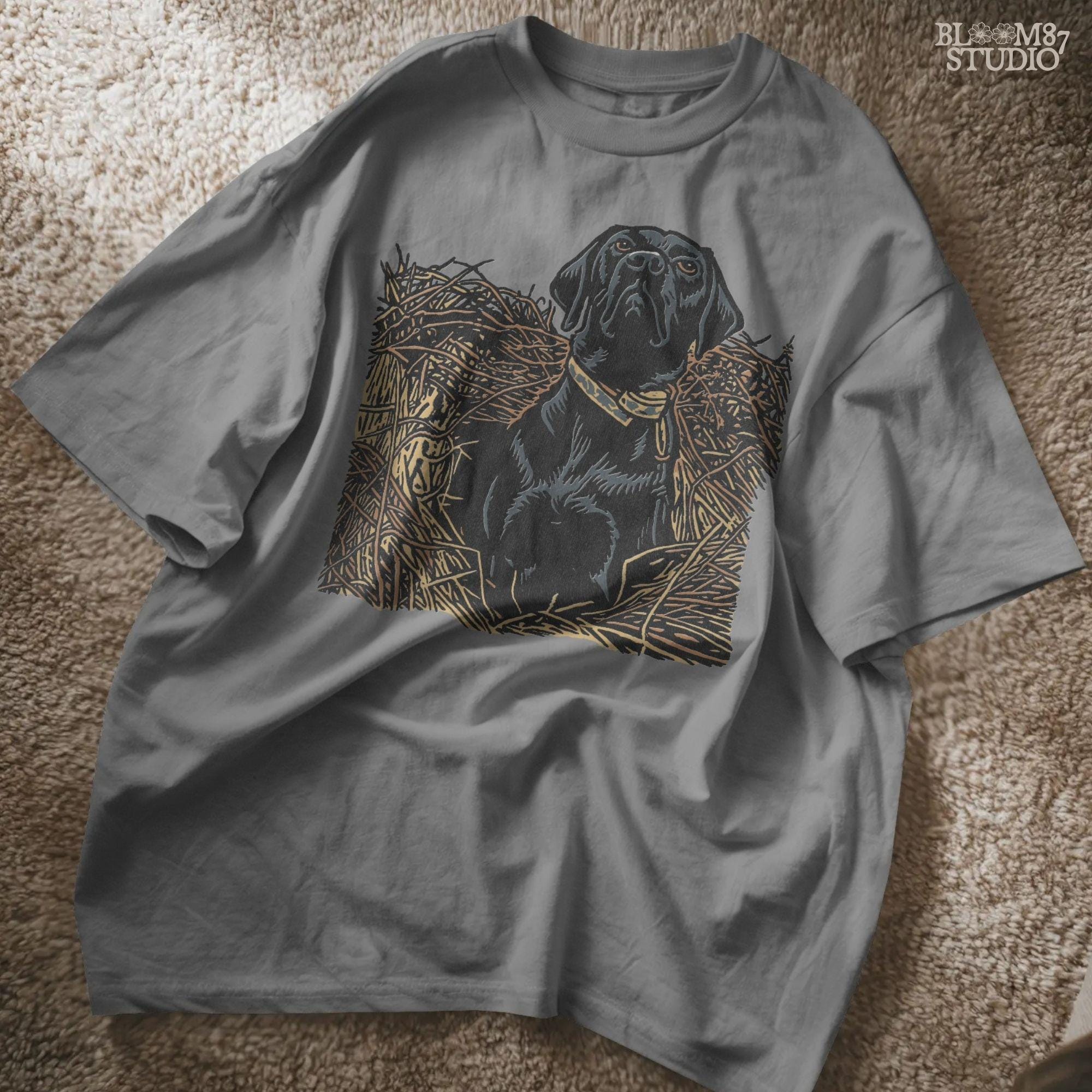 Illustration of a black Labrador retriever hunting dog sitting in tall grass, duck hunting sublimation PNG design.