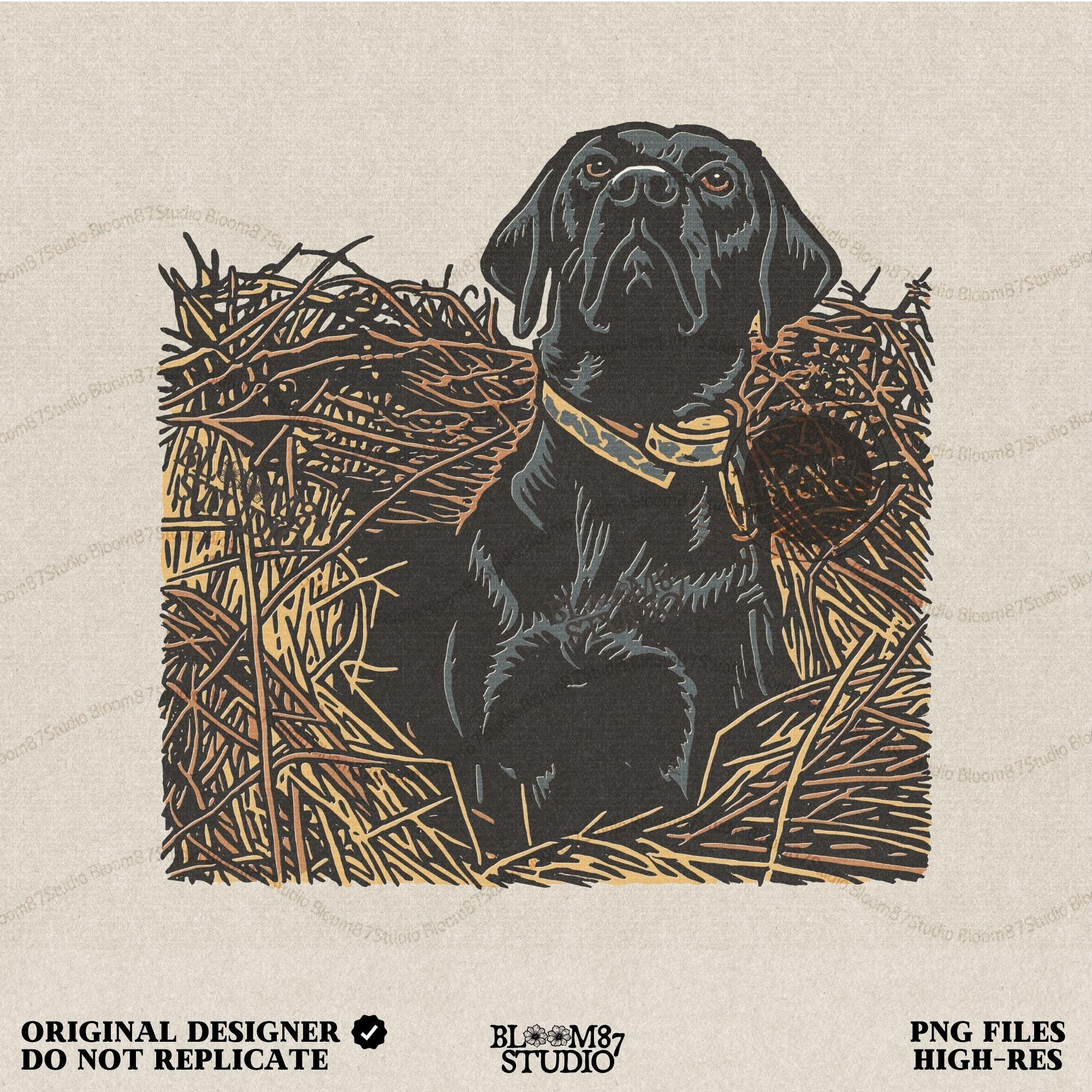 Illustration of a black Labrador retriever hunting dog sitting in tall grass, duck hunting sublimation PNG design.