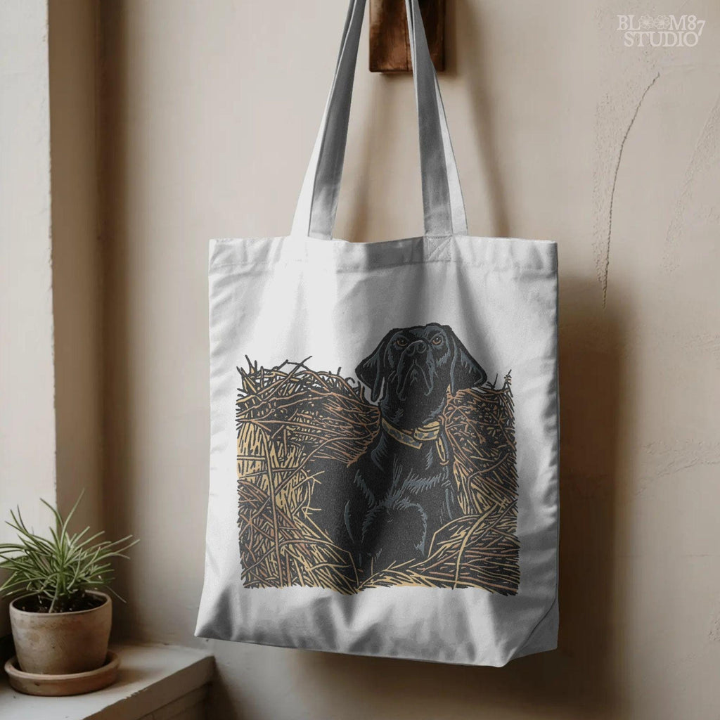 Illustration of a black Labrador retriever hunting dog sitting in tall grass, duck hunting sublimation PNG design.