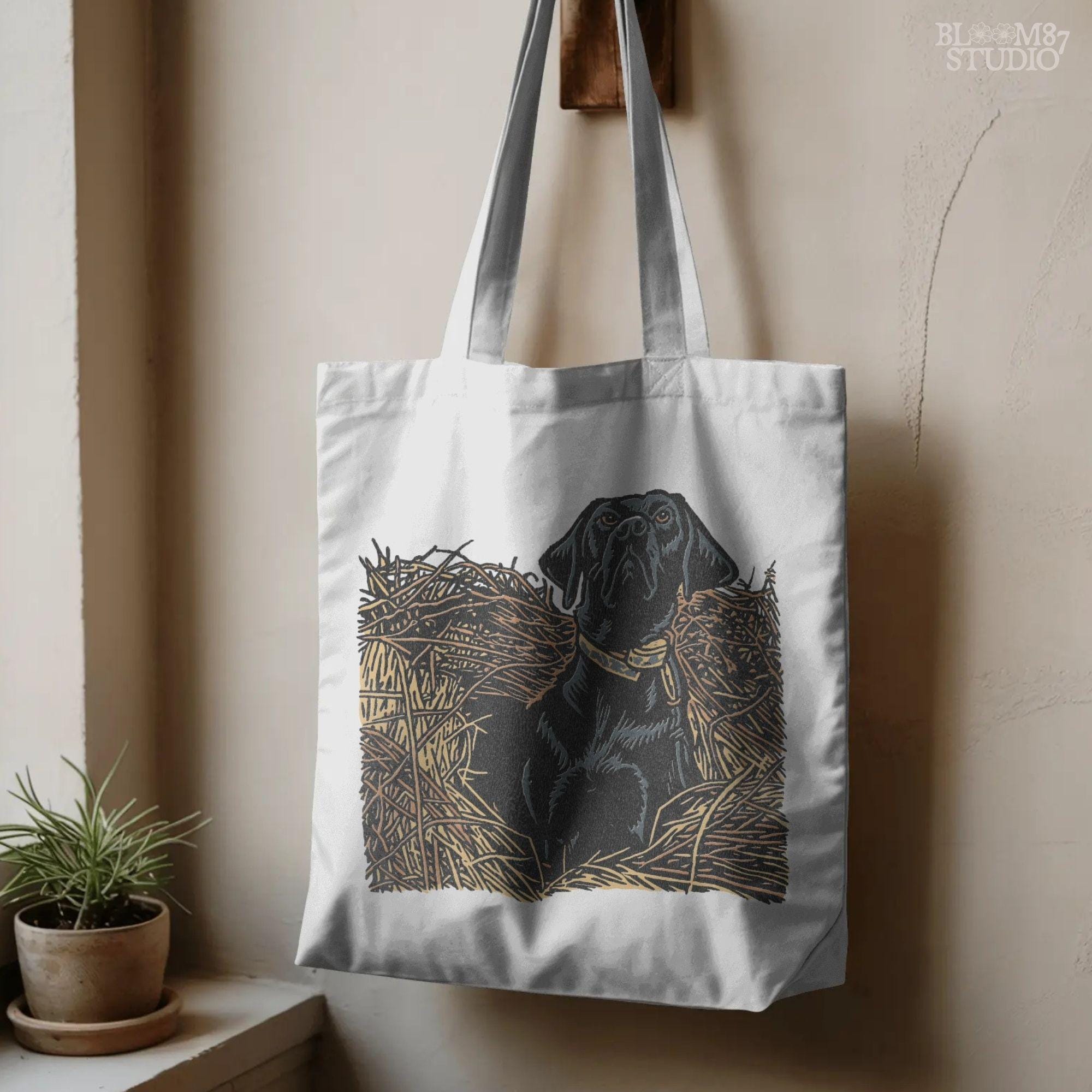 Illustration of a black Labrador retriever hunting dog sitting in tall grass, duck hunting sublimation PNG design.