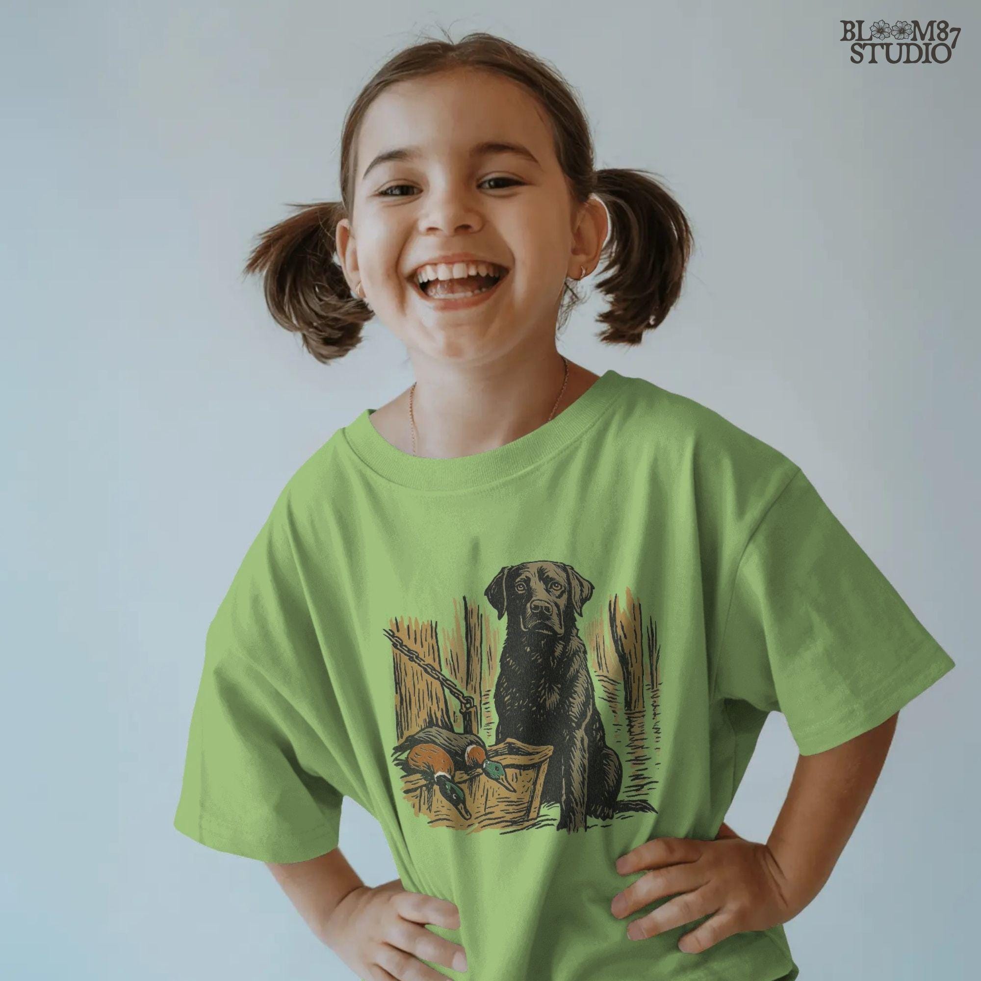 Illustration of a black Labrador retriever hunting dog in a marsh with mallard ducks in a wooden basket, sublimation PNG design.