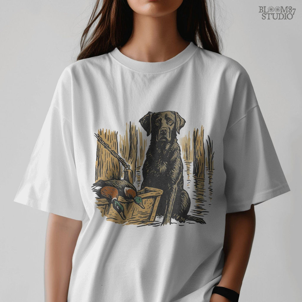 Illustration of a black Labrador retriever hunting dog in a marsh with mallard ducks in a wooden basket, sublimation PNG design.