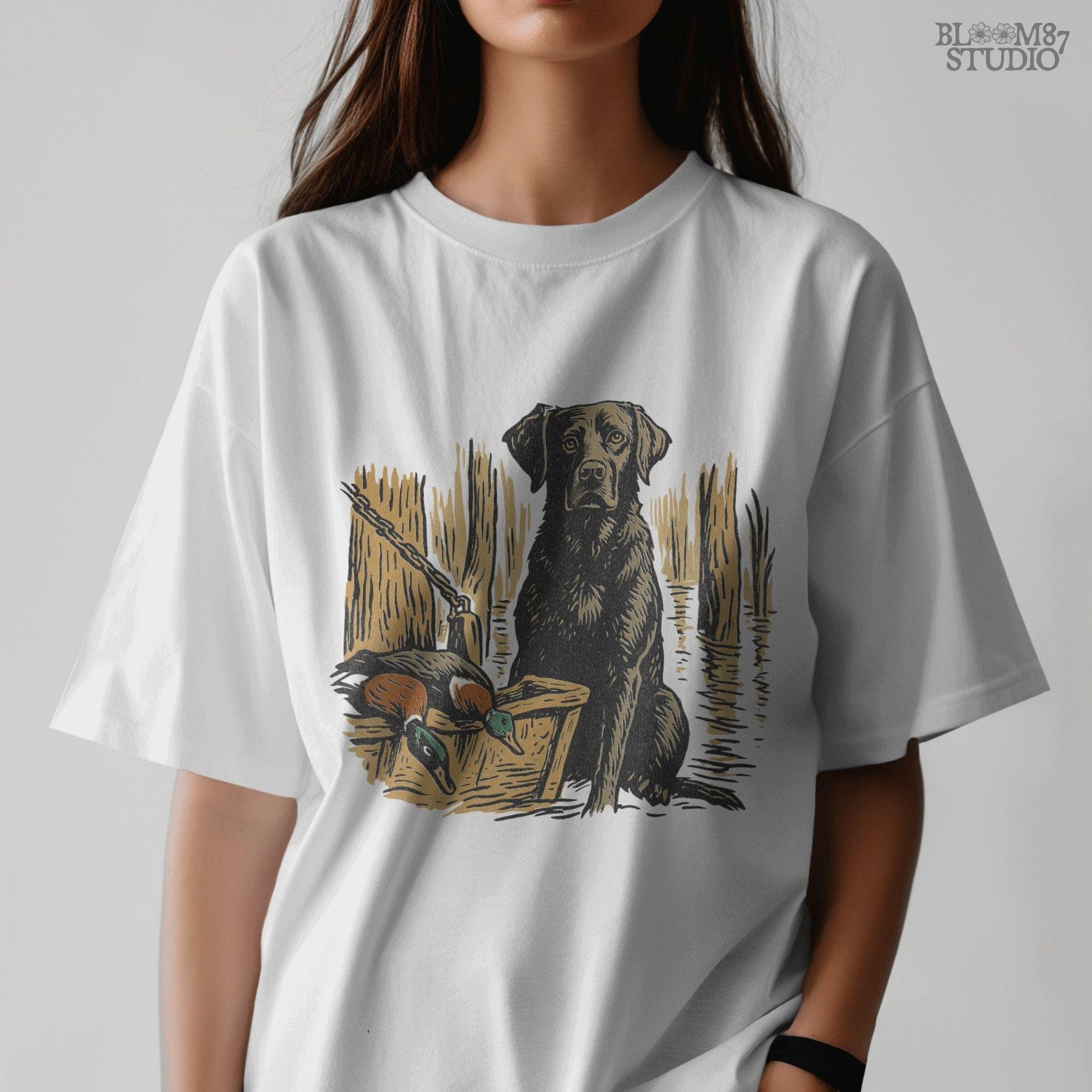 Illustration of a black Labrador retriever hunting dog in a marsh with mallard ducks in a wooden basket, sublimation PNG design.