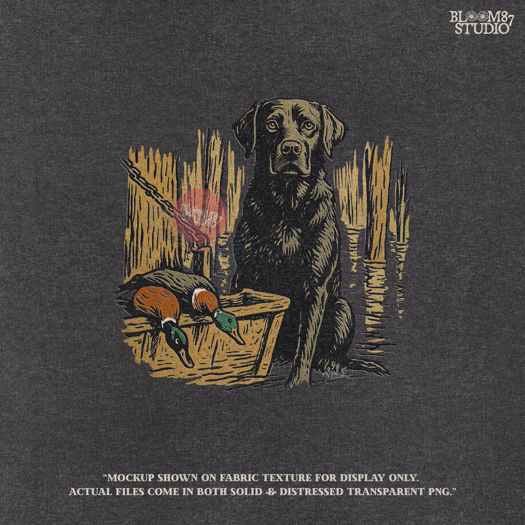 Illustration of a black Labrador retriever hunting dog in a marsh with mallard ducks in a wooden basket, sublimation PNG design.