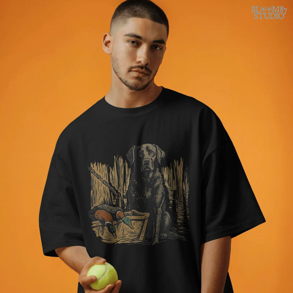 Illustration of a black Labrador retriever hunting dog in a marsh with mallard ducks in a wooden basket, sublimation PNG design.