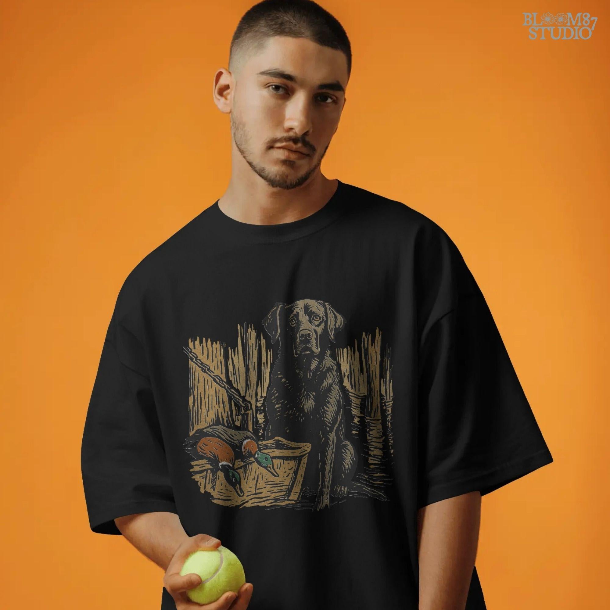 Illustration of a black Labrador retriever hunting dog in a marsh with mallard ducks in a wooden basket, sublimation PNG design.