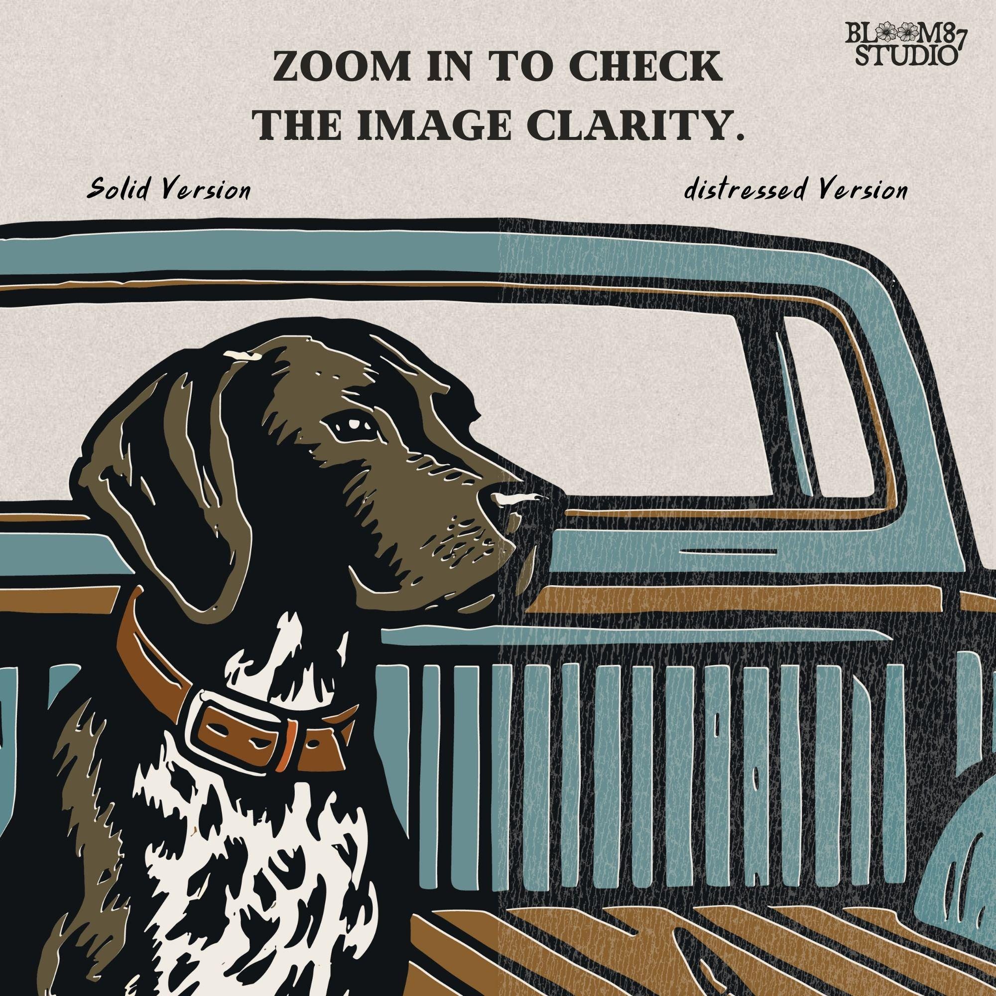 Illustration of a German Shorthaired Pointer hunting dog sitting in a pickup truck with three pheasants, sublimation PNG design.