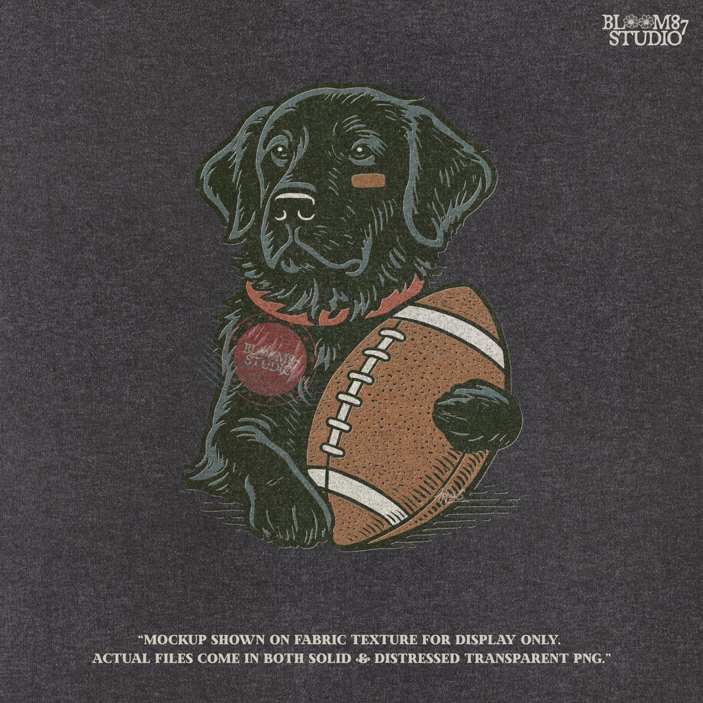 Illustration of a black Labrador Retriever holding a football, sublimation PNG design for game day and sports fan apparel.