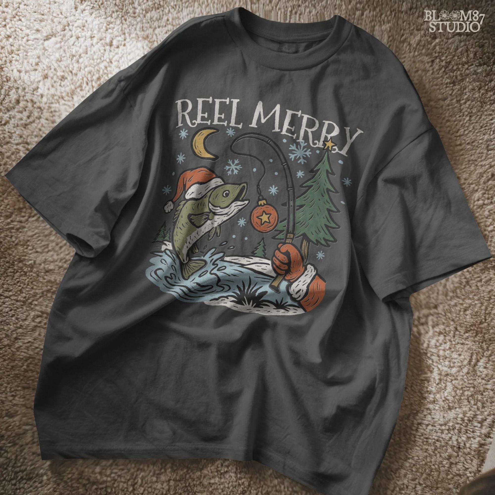 Solid: “Christmas fishing PNG with bass wearing Santa hat jumping near holiday tree, Reel Merry text design for shirts”

Distressed: “Vintage distressed Christmas fishing PNG with bass, Santa hat, holiday tree and Reel Merry festive design”