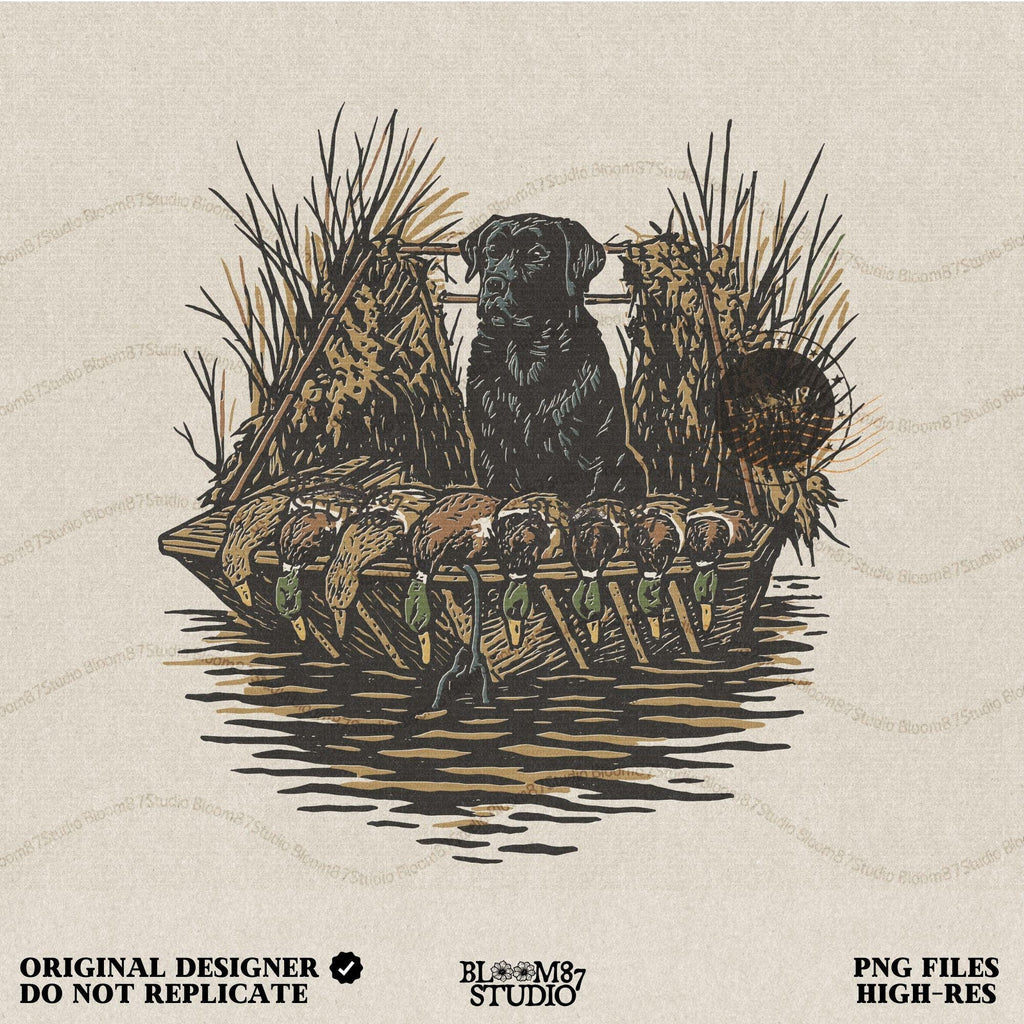 Black hunting retriever dog sitting in a duck blind with harvested mallards, rustic waterfowl hunting sublimation PNG design.