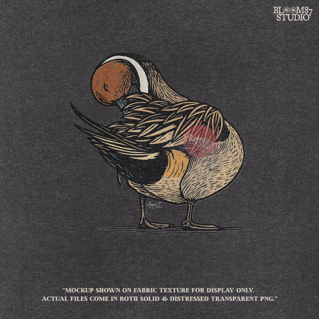 Illustration of a Northern Pintail duck preening feathers, detailed hunting-themed sublimation PNG for outdoor and wildlife crafts.