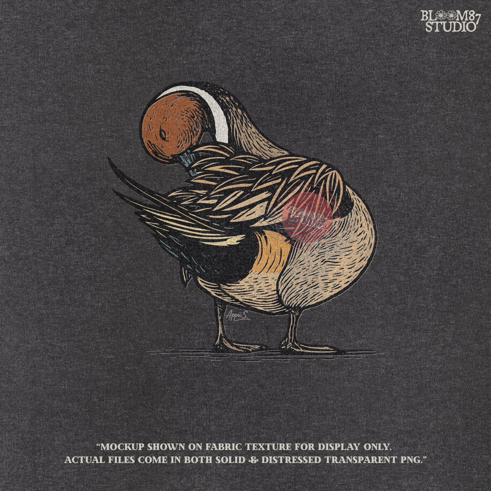 Illustration of a Northern Pintail duck preening feathers, detailed hunting-themed sublimation PNG for outdoor and wildlife crafts.