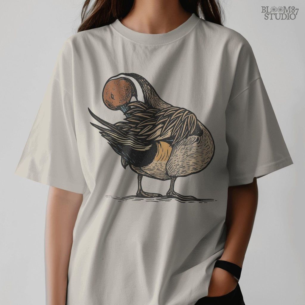 Illustration of a Northern Pintail duck preening feathers, detailed hunting-themed sublimation PNG for outdoor and wildlife crafts.