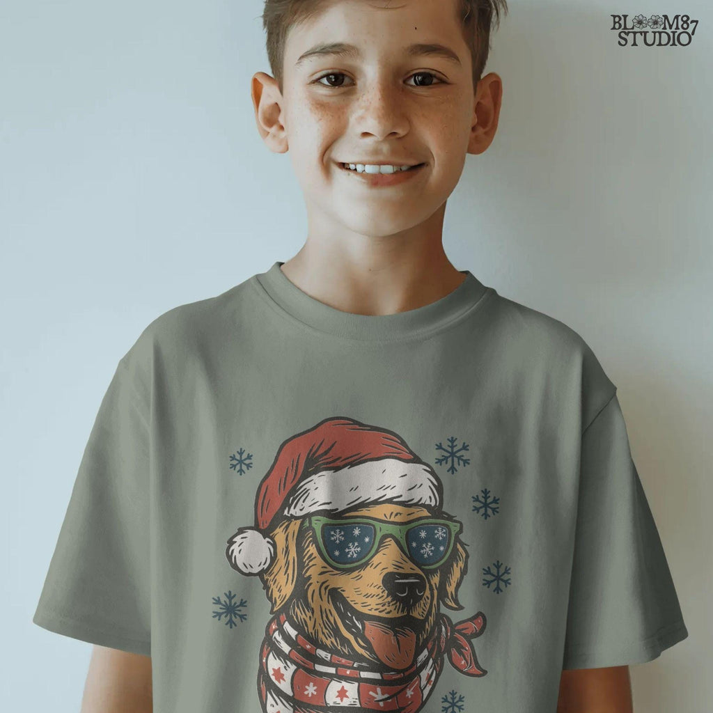 Dog Christmas PNG design featuring golden retriever with festive accessories. Ideal for holiday shirt printing, gift making, and digital download projects.