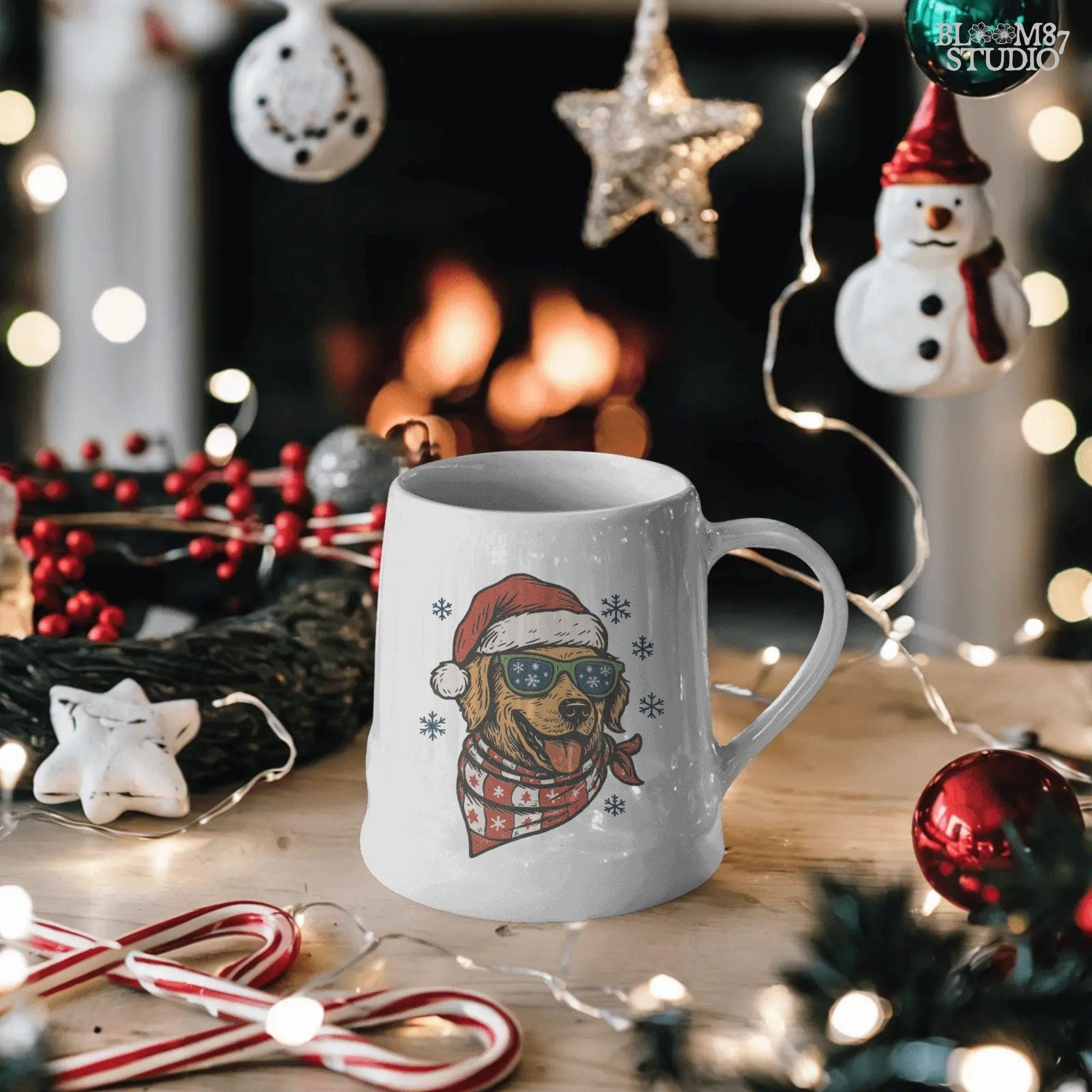 Festive retriever PNG with Santa hat, scarf, and snowflake sunglasses. Great for Christmas sublimation shirts, hoodies, and holiday mugs.