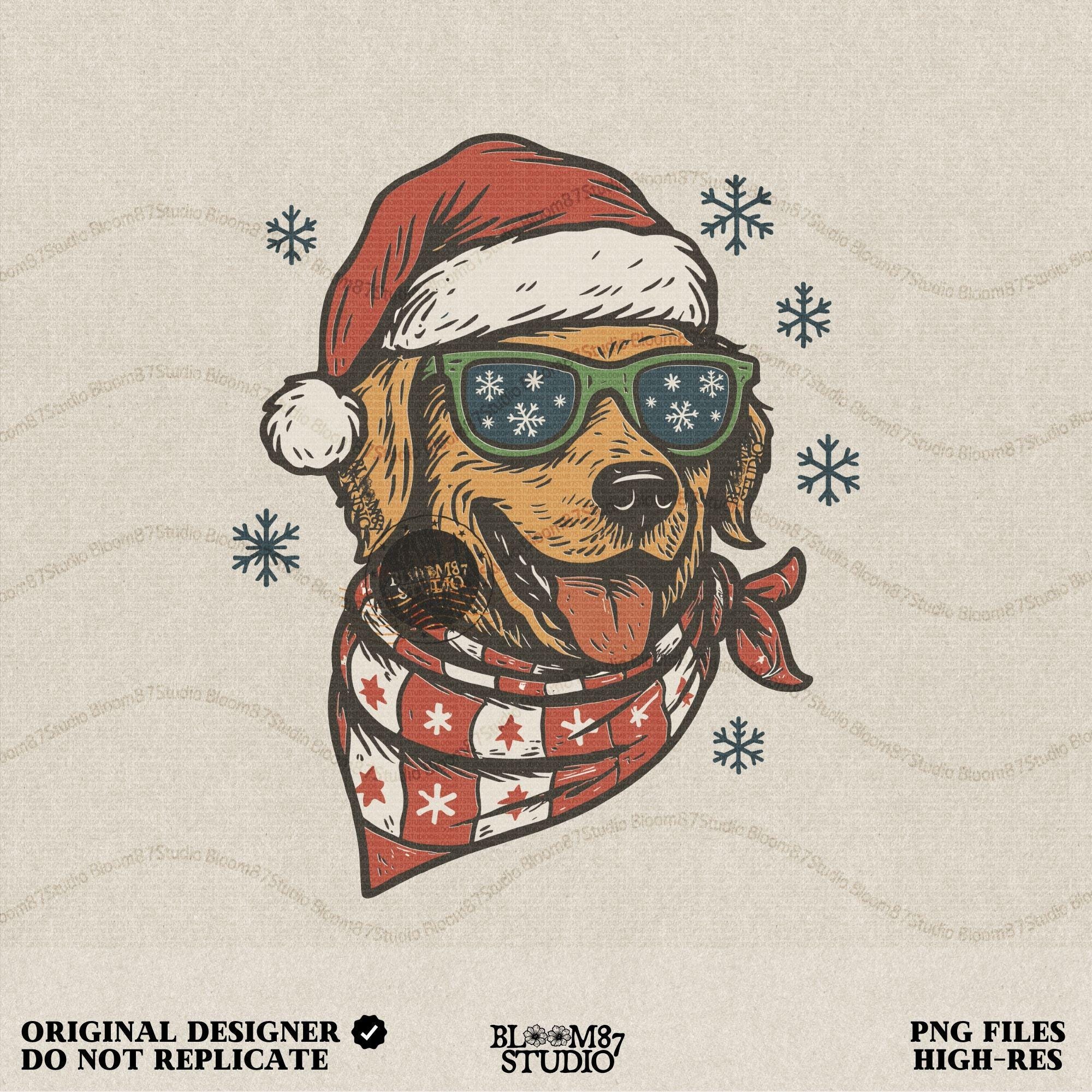 Christmas dog PNG featuring golden retriever with Santa hat, red scarf, and festive snowflake sunglasses. Perfect for Christmas shirt design, holiday mugs, and festive sublimation projects.