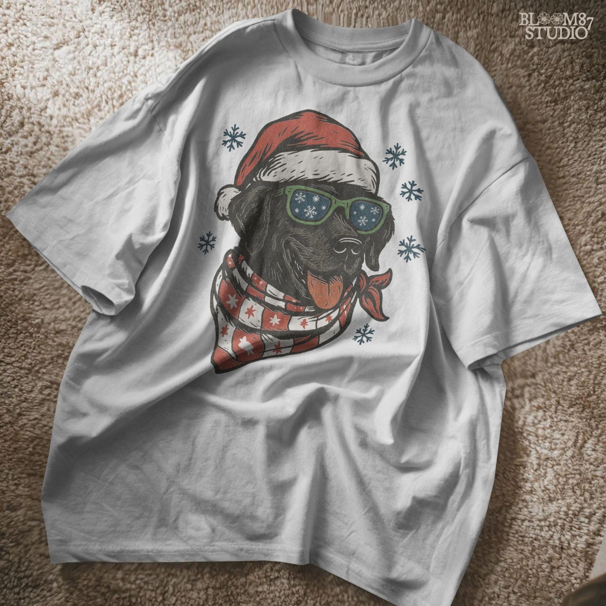 Black Lab Christmas dog art with Santa hat and sunglasses, fun holiday pet design for shirts, mugs, cards, and DIY crafts.