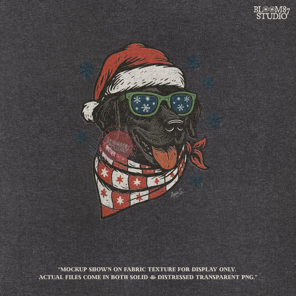 Cute black Lab Christmas illustration with Santa hat and scarf, perfect holiday pet PNG design for dog lovers and seasonal gifts.