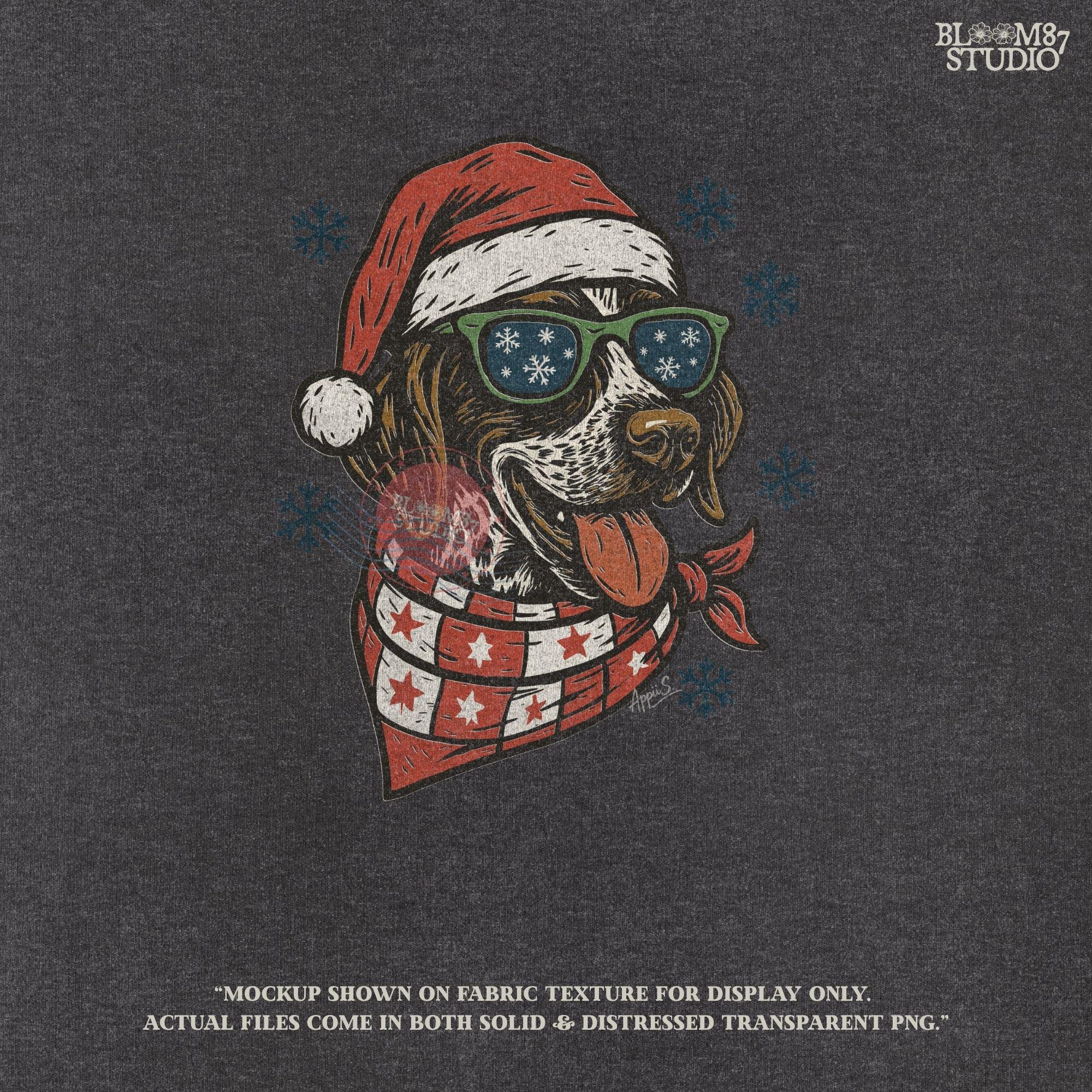 Cute holiday dog wearing Santa hat and snowflake sunglasses, PNG design for Christmas shirts and mugs.