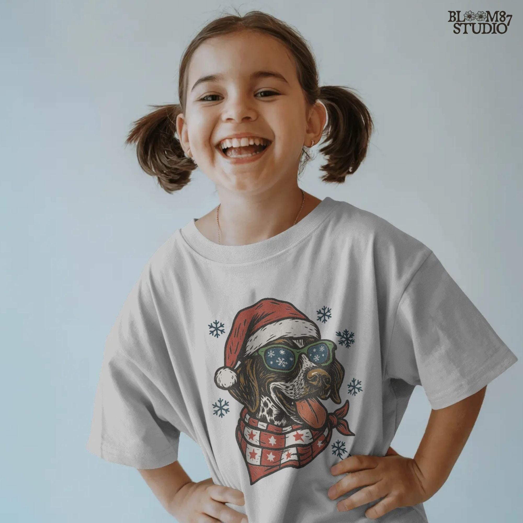 Holiday dog PNG with snowflake sunglasses and scarf, Christmas art for festive digital designs.