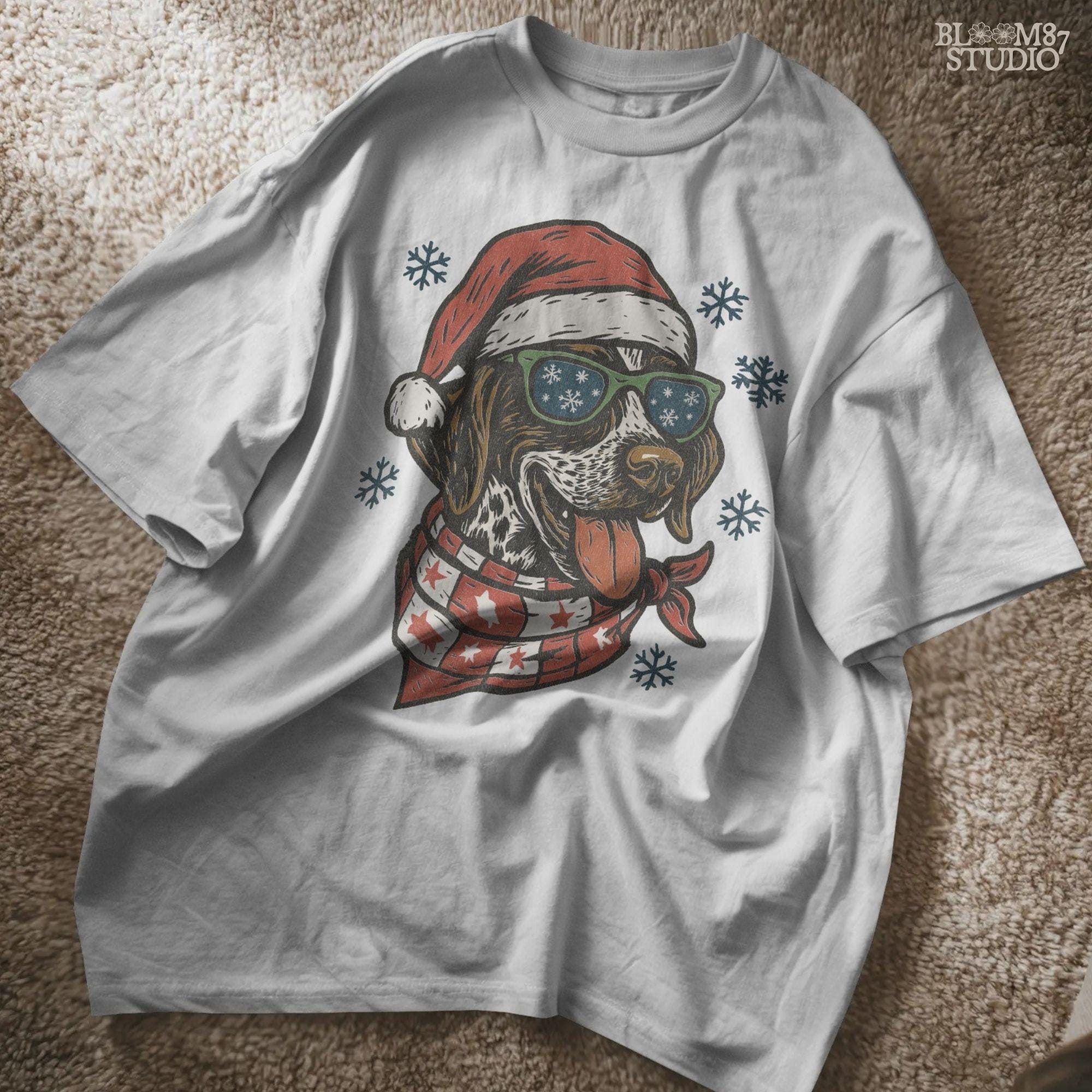 Dog lover Christmas PNG with holiday outfit and Santa hat, perfect for mugs, shirts, and ornaments.