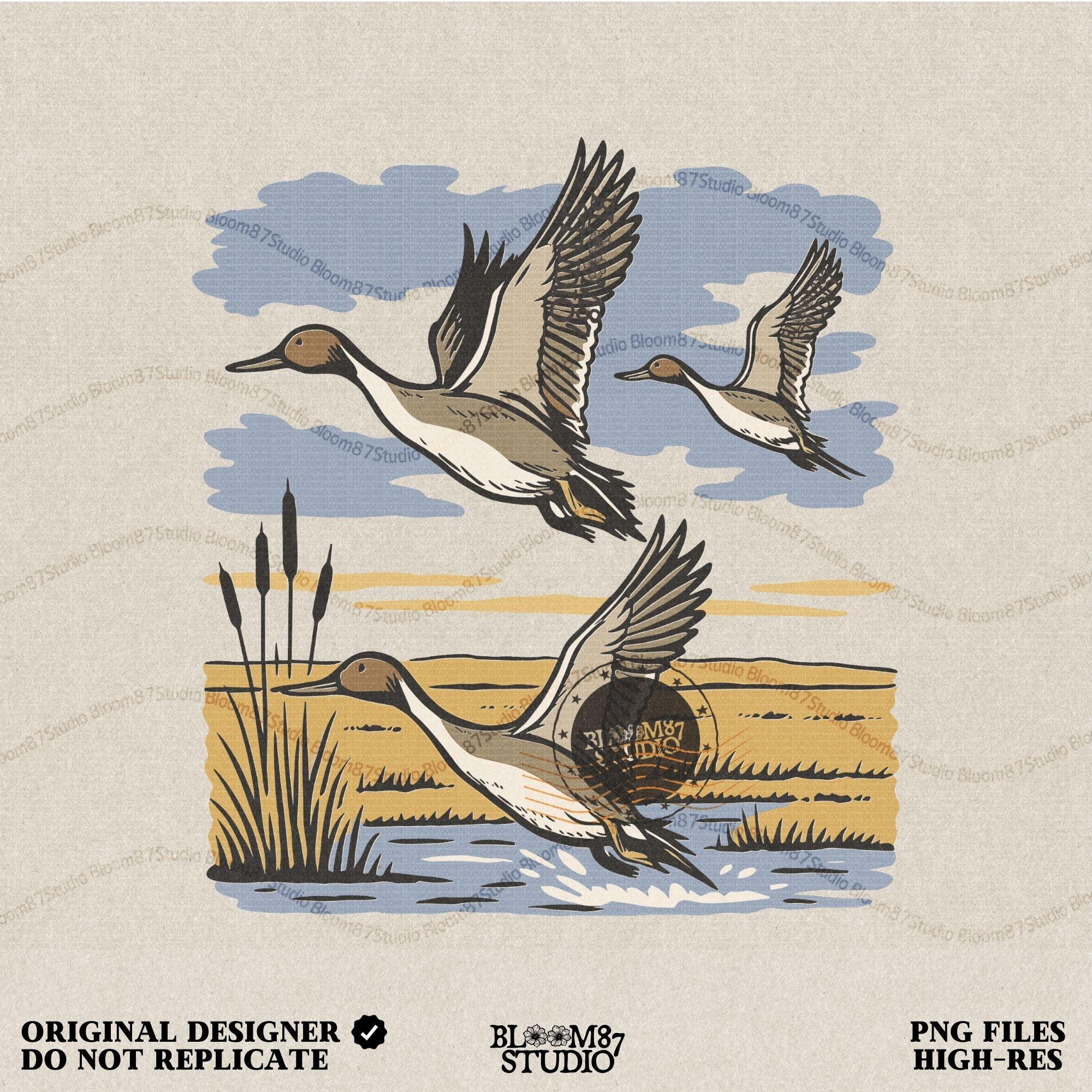 Rustic illustration of pintail ducks flying over wetlands, detailed waterfowl PNG for sublimation, hunting crafts, and wildlife decor.