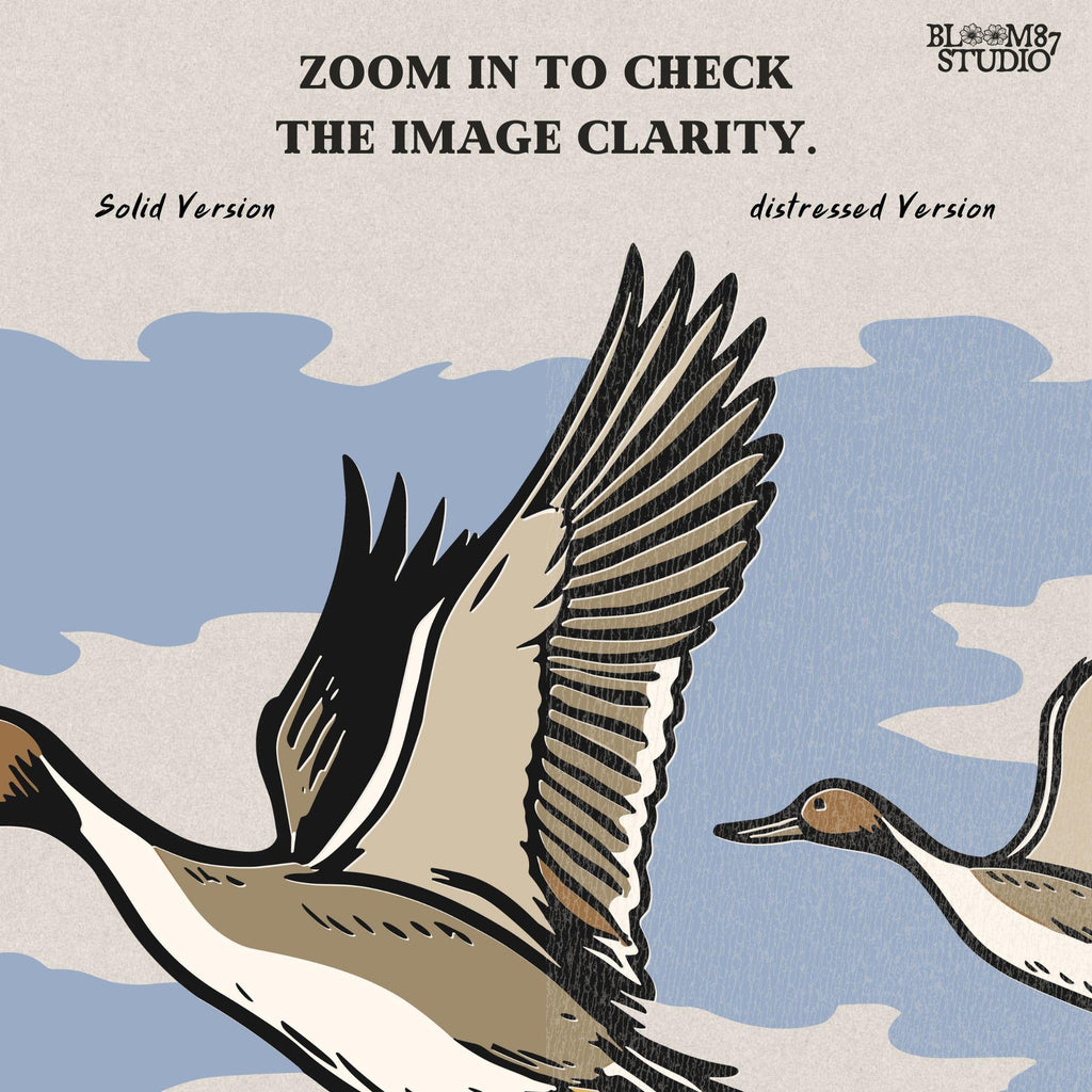 Rustic illustration of pintail ducks flying over wetlands, detailed waterfowl PNG for sublimation, hunting crafts, and wildlife decor.