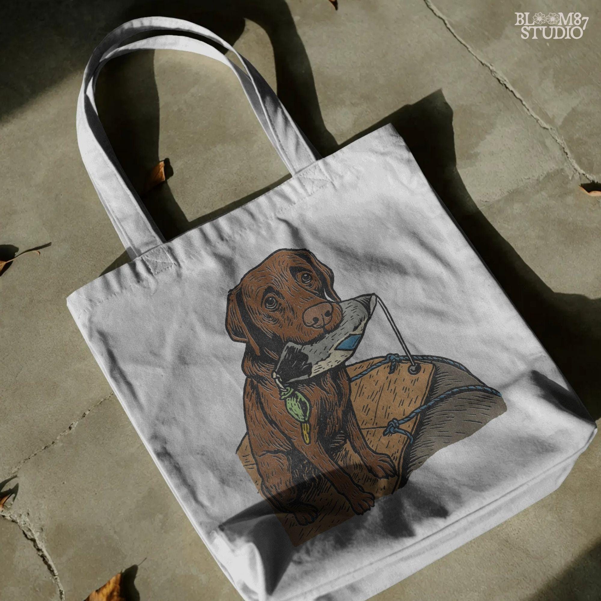 Illustration of a chocolate Labrador retriever holding a duck decoy on a wooden dock, rustic hunting dog PNG for sublimation crafts.