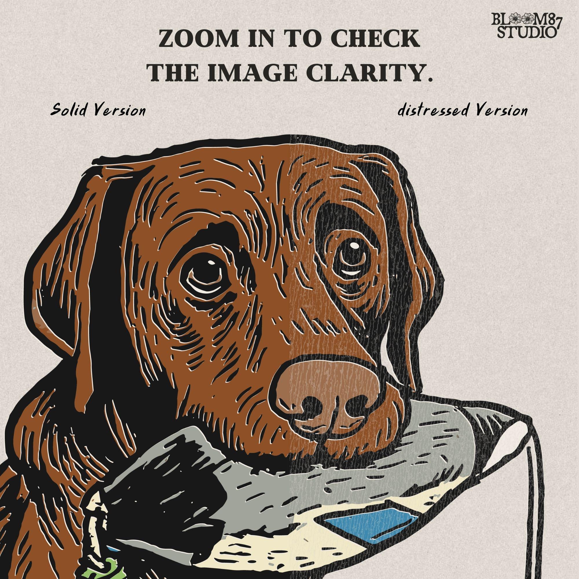 Illustration of a chocolate Labrador retriever holding a duck decoy on a wooden dock, rustic hunting dog PNG for sublimation crafts.