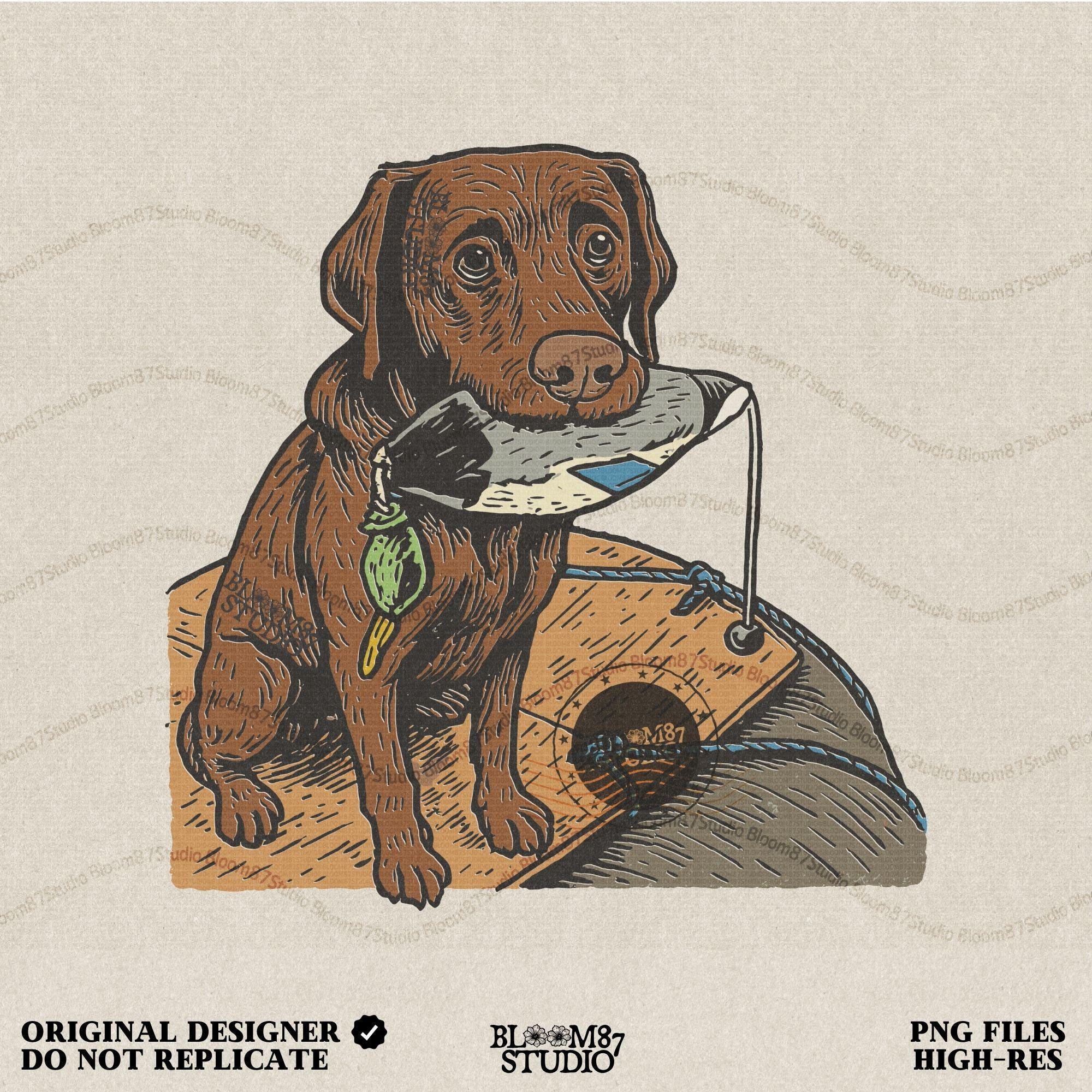 Illustration of a chocolate Labrador retriever holding a duck decoy on a wooden dock, rustic hunting dog PNG for sublimation crafts.