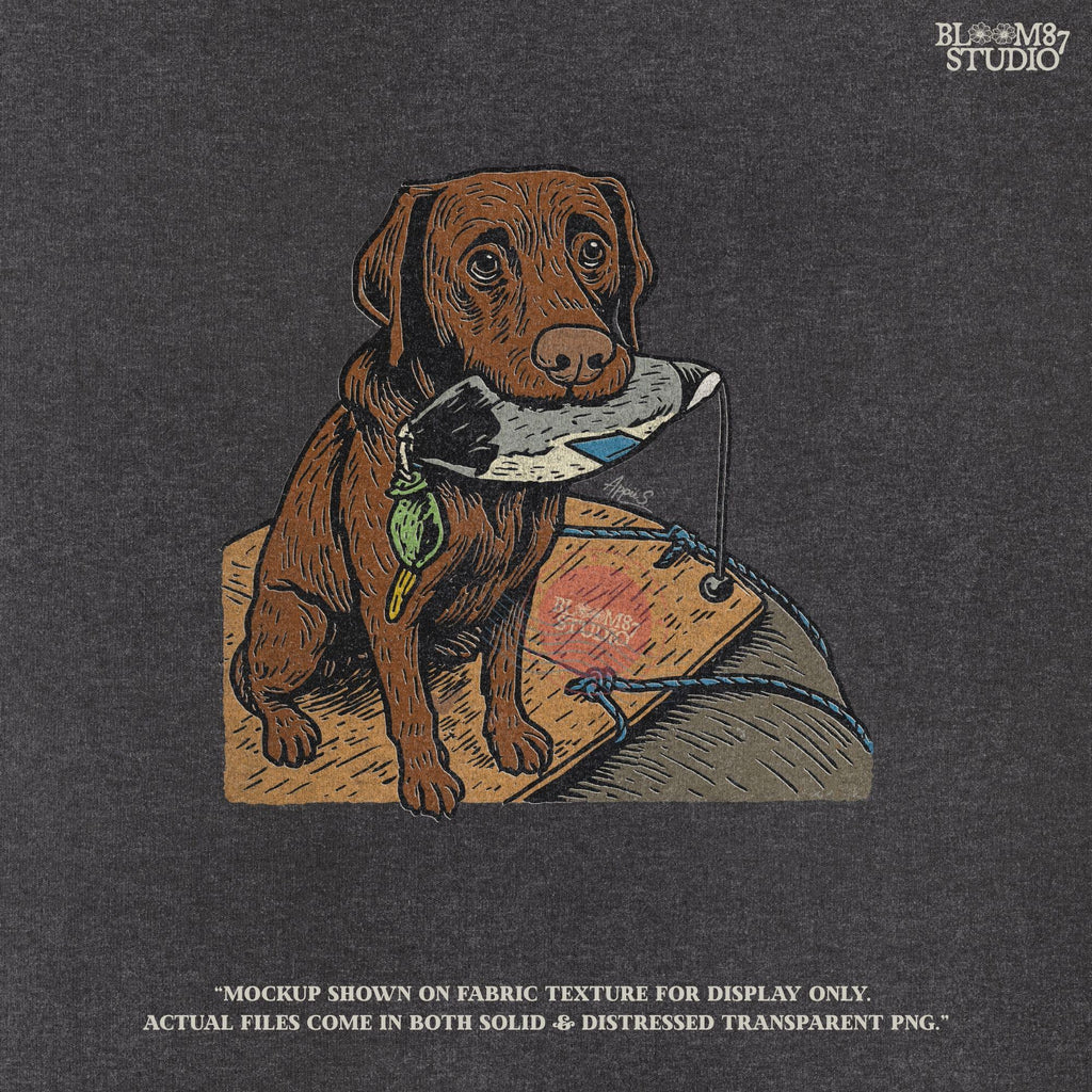 Illustration of a chocolate Labrador retriever holding a duck decoy on a wooden dock, rustic hunting dog PNG for sublimation crafts.