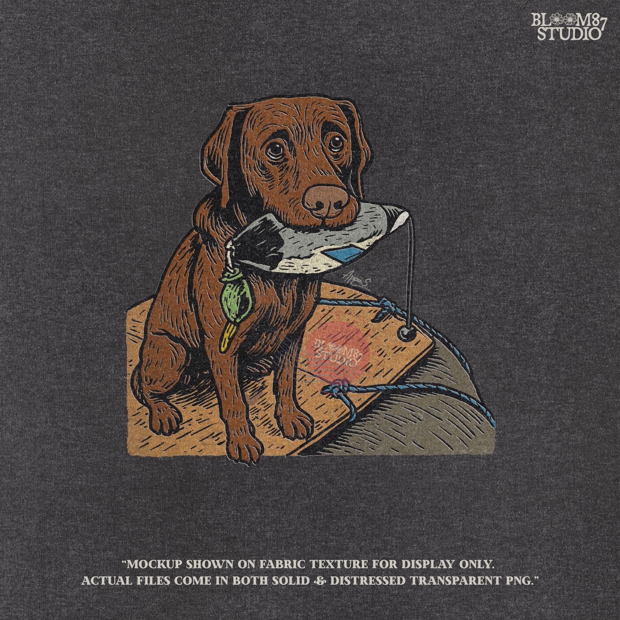 Illustration of a chocolate Labrador retriever holding a duck decoy on a wooden dock, rustic hunting dog PNG for sublimation crafts.