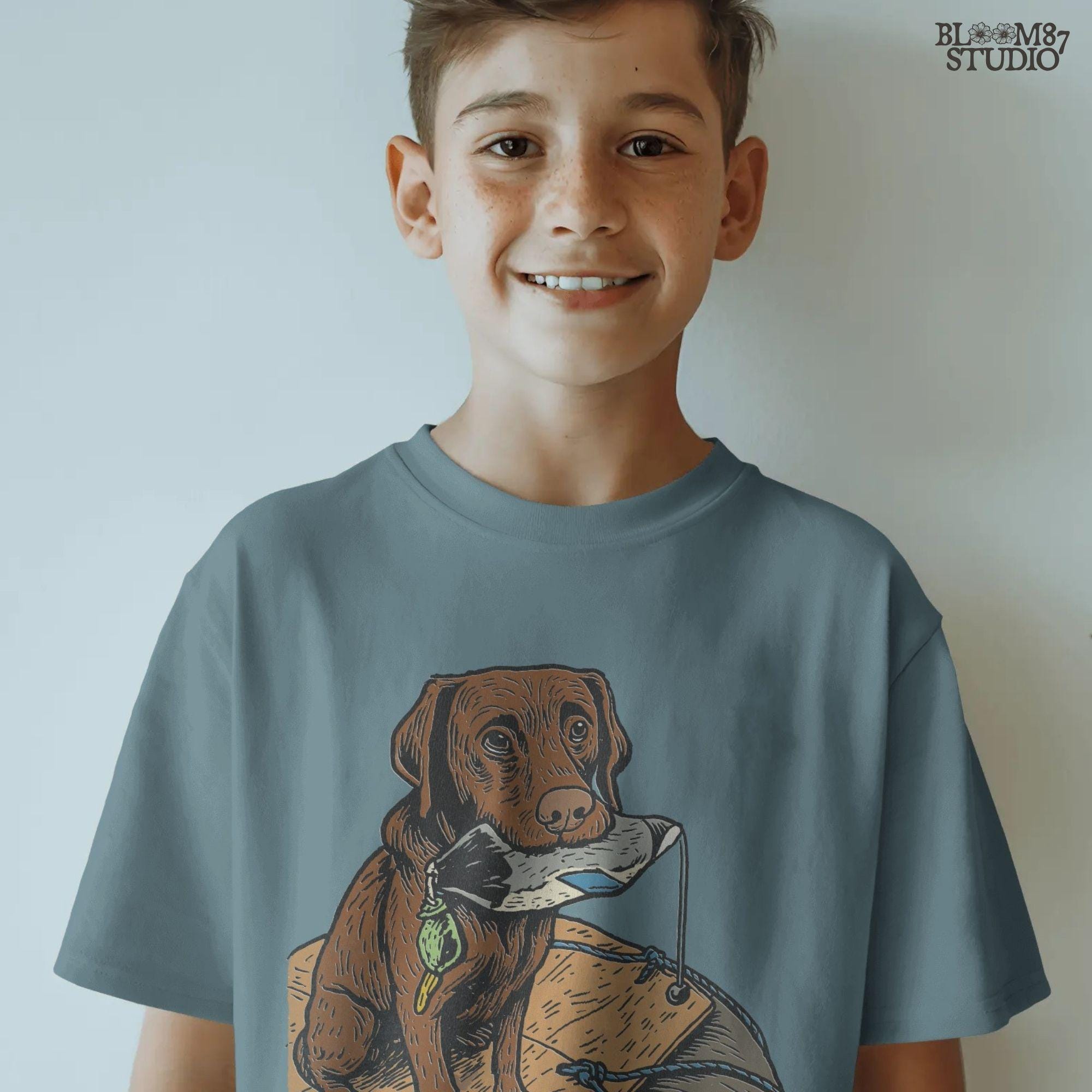 Illustration of a chocolate Labrador retriever holding a duck decoy on a wooden dock, rustic hunting dog PNG for sublimation crafts.