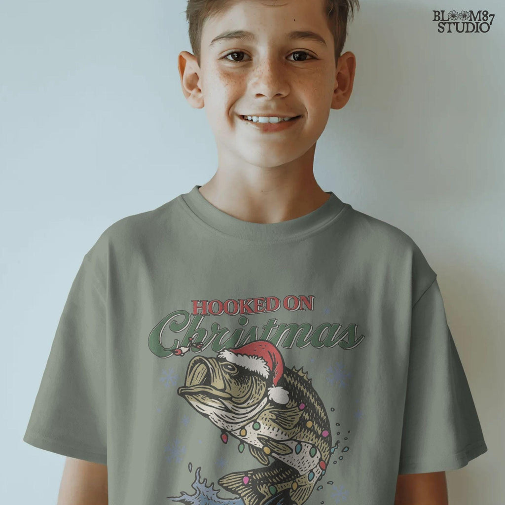 Winter fishing Christmas sublimation file with Santa hat bass, perfect for holiday t-shirts and mugs.