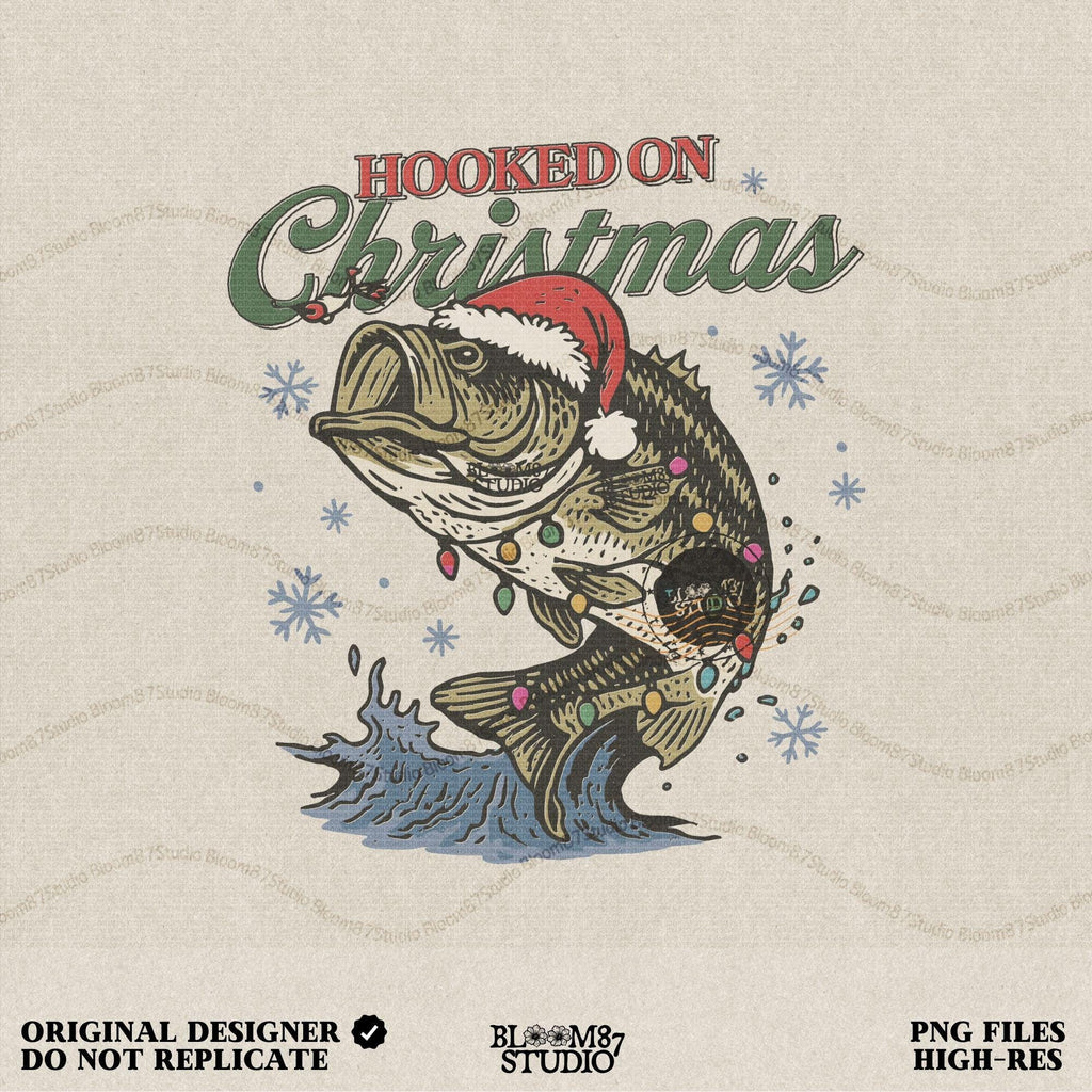 Christmas fishing PNG featuring a jumping bass with Santa hat and holiday lights, perfect for festive shirts, mugs, and sublimation designs.