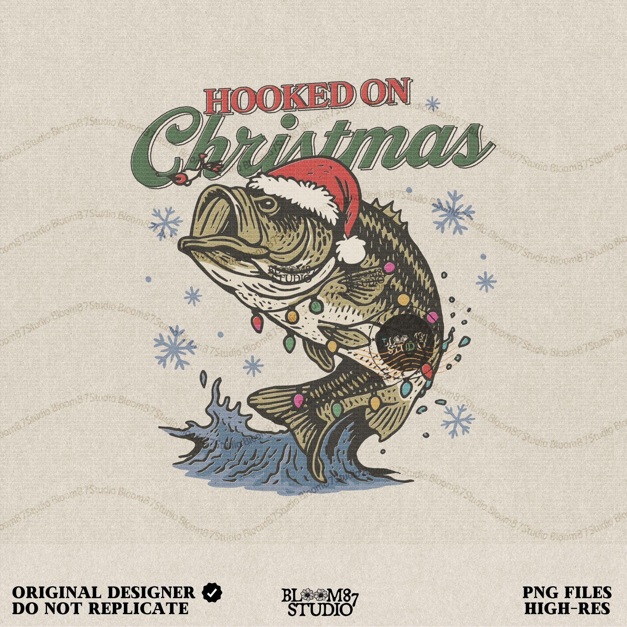 Christmas fishing PNG featuring a jumping bass with Santa hat and holiday lights, perfect for festive shirts, mugs, and sublimation designs.