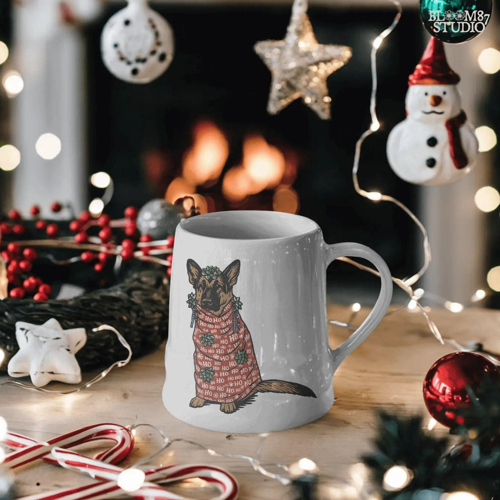 Solid Version: "German Shepherd dog wrapped in red Ho Ho Ho Christmas paper with green gift bows, cartoon style PNG for holiday sublimation projects"

Distressed Version: "Vintage-style distressed PNG of a German Shepherd wrapped in Christmas gift paper with bows, perfect for rustic sublimation crafts"