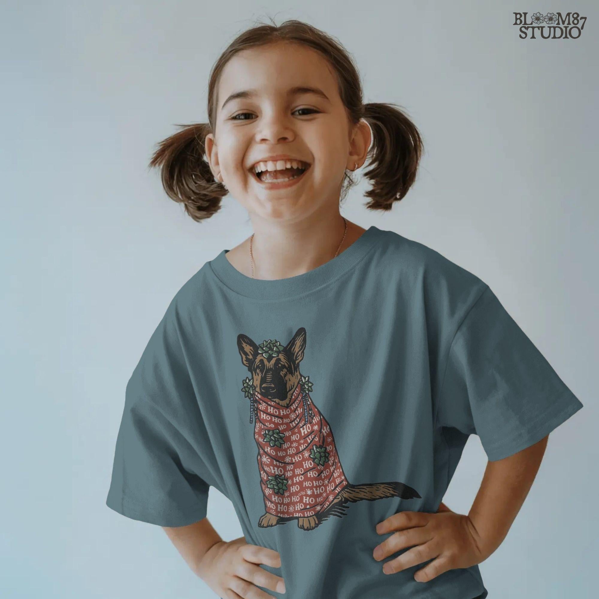 Solid Version: "German Shepherd dog wrapped in red Ho Ho Ho Christmas paper with green gift bows, cartoon style PNG for holiday sublimation projects"

Distressed Version: "Vintage-style distressed PNG of a German Shepherd wrapped in Christmas gift paper with bows, perfect for rustic sublimation crafts"