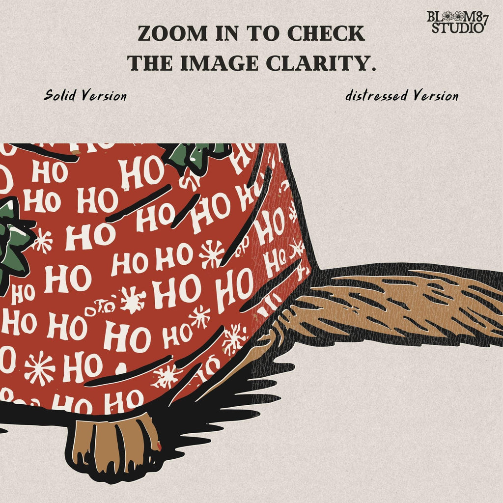 Solid Version: "German Shepherd dog wrapped in red Ho Ho Ho Christmas paper with green gift bows, cartoon style PNG for holiday sublimation projects"

Distressed Version: "Vintage-style distressed PNG of a German Shepherd wrapped in Christmas gift paper with bows, perfect for rustic sublimation crafts"