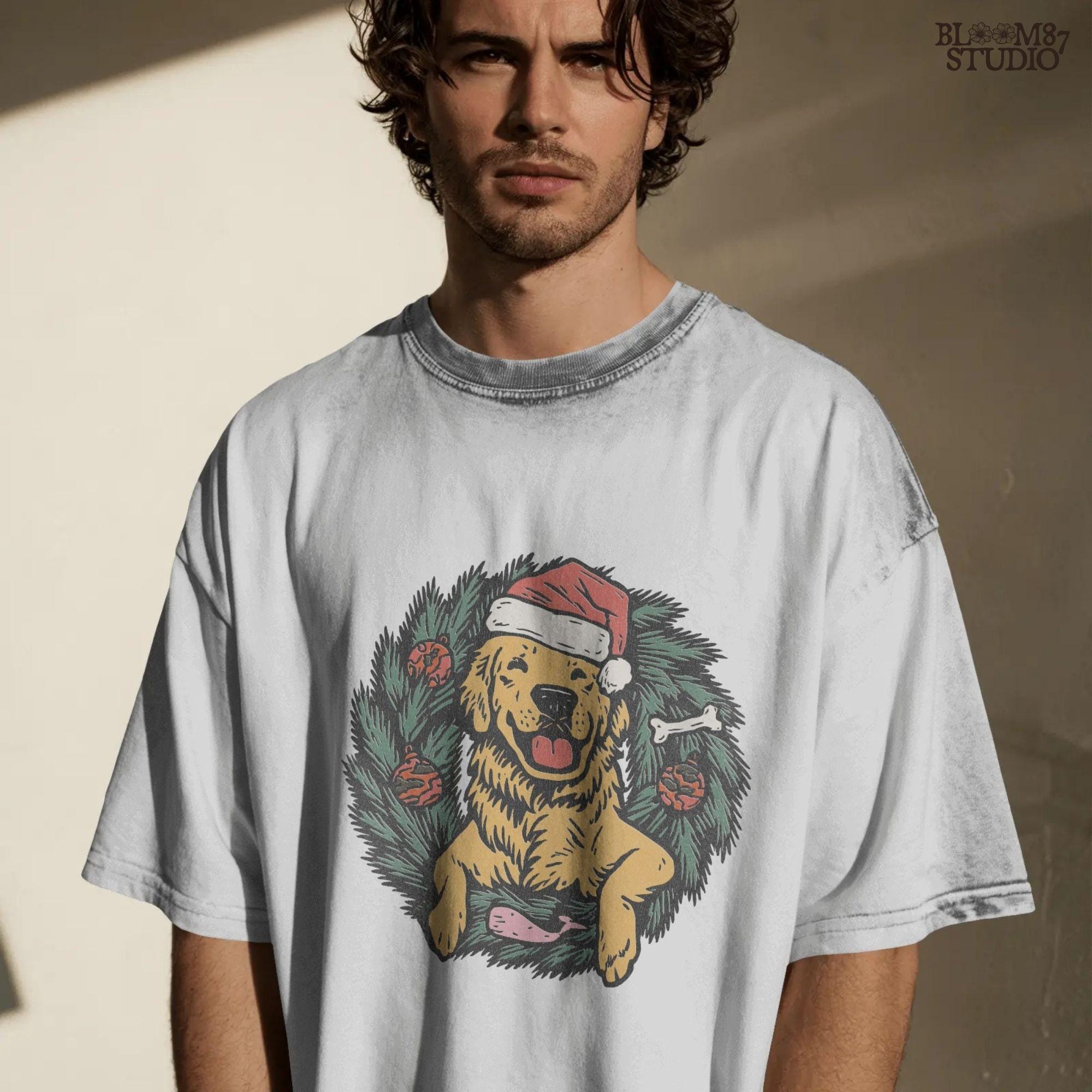 Solid Version: "Golden Retriever dog wearing a Santa hat, sitting inside a decorated Christmas wreath with red ornaments and dog toys, sublimation PNG"
Distressed Version: "Vintage-style distressed PNG of a Santa hat Golden Retriever inside a holiday wreath, rustic sublimation design for Christmas crafts"