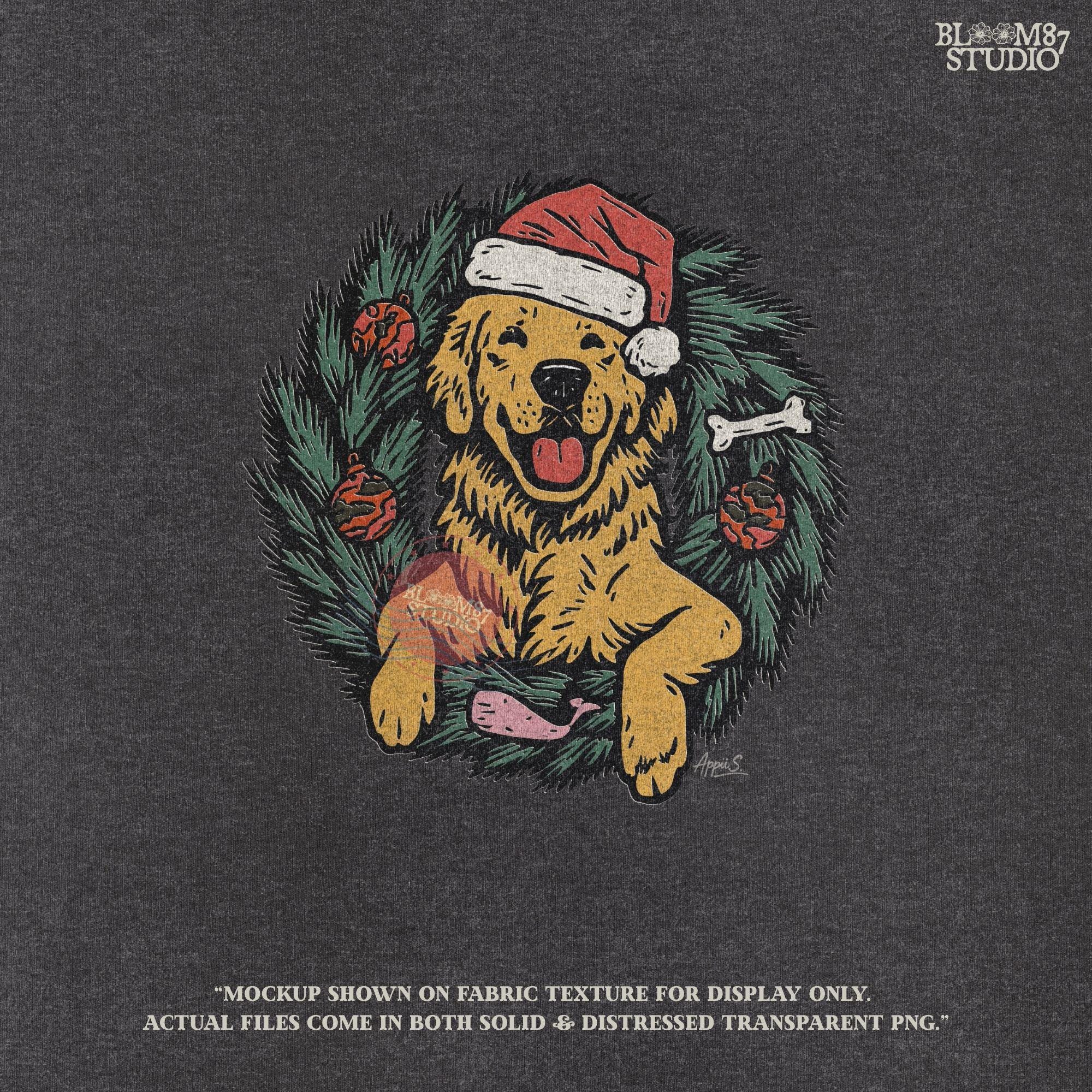 Solid Version: "Golden Retriever dog wearing a Santa hat, sitting inside a decorated Christmas wreath with red ornaments and dog toys, sublimation PNG"
Distressed Version: "Vintage-style distressed PNG of a Santa hat Golden Retriever inside a holiday wreath, rustic sublimation design for Christmas crafts"