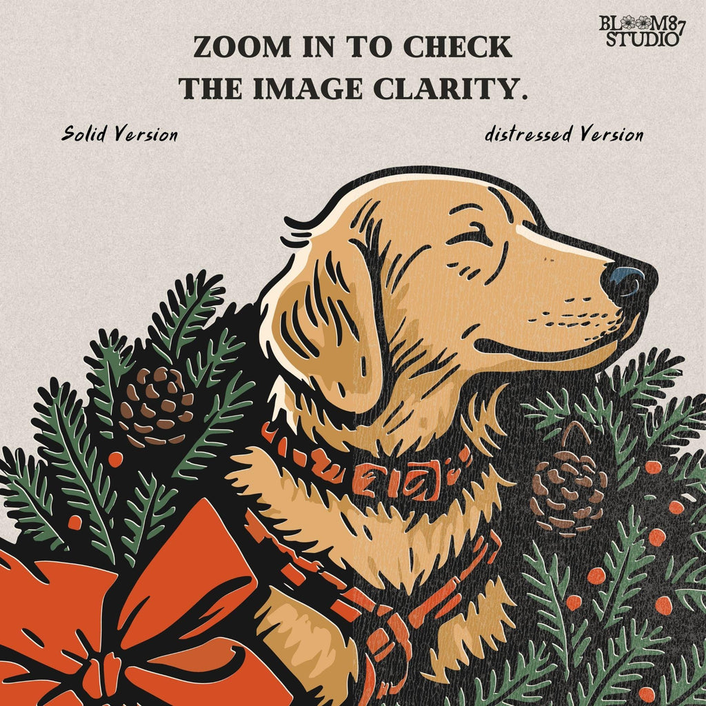 Solid Version: "Golden Labrador dog sitting inside a Christmas pine wreath decorated with pinecones, red berries, and a large red bow, festive PNG design"
Distressed Version: "Vintage-style distressed PNG of Labrador in holiday wreath with red bow and pine elements, rustic sublimation graphic for Christmas crafts"